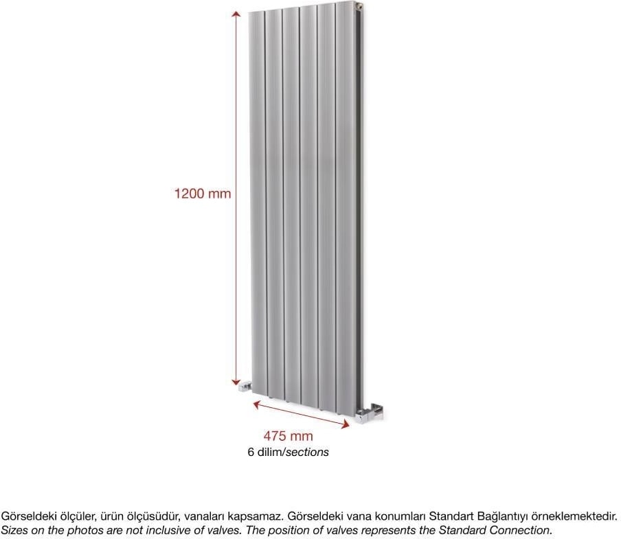 1200 x 475 mm Amber Dikey Gümüş Gri Alüminyum Radyatör Standart Bağlantı