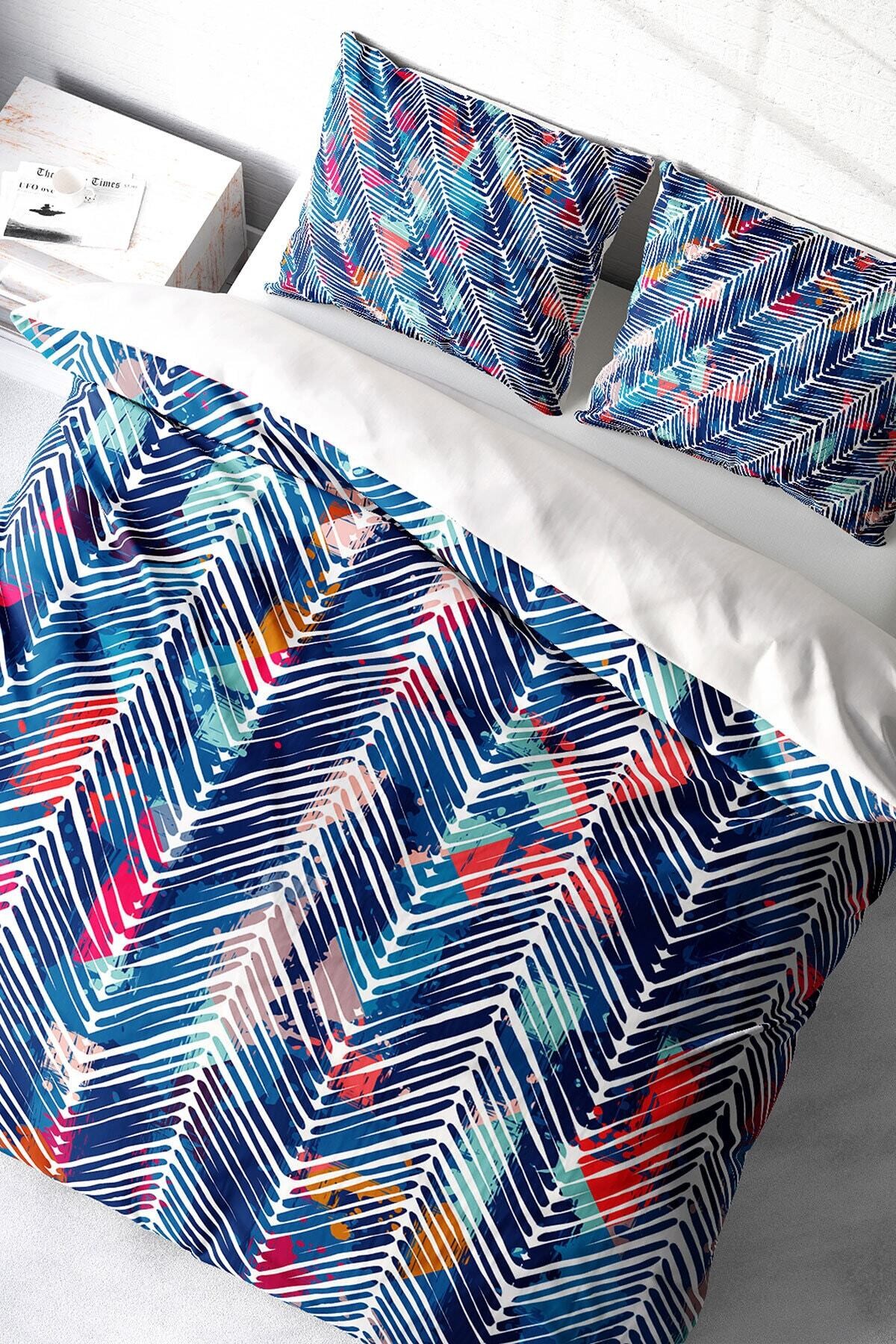 Kıng Sıze Blue Pattern 3d Pamuk Saten Çift Kişilik Nevresim Takımı 220x240cm