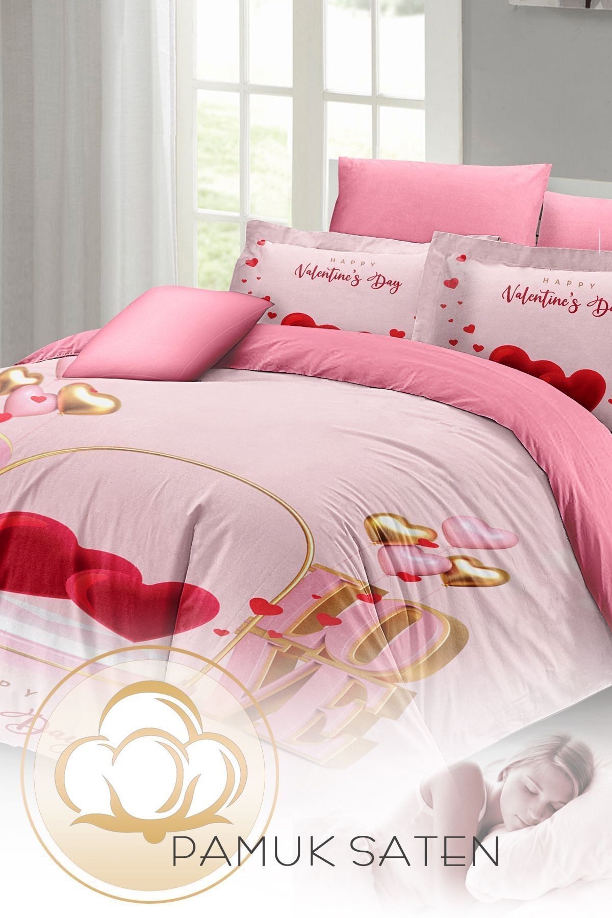 Sevgililer Günü Özel Çift Kişilik Nevresim Takımı Pamuk Saten Valentine's