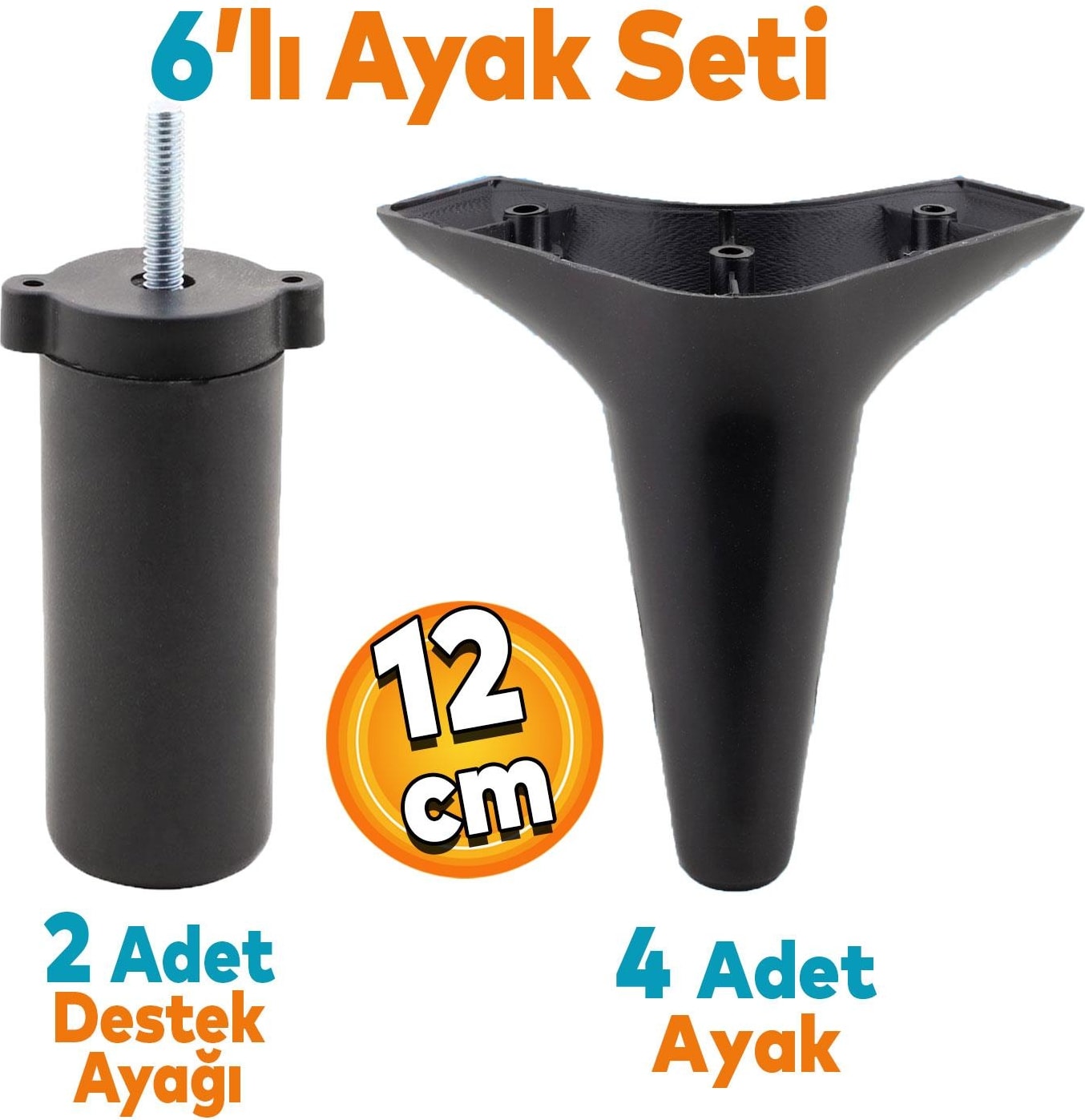 Aspen 6'lı Set Mobilya Tv Ünitesi Çekyat Koltuk Kanepe Baza Destek Ayağı Ayakları 12 Cm Siyah M8