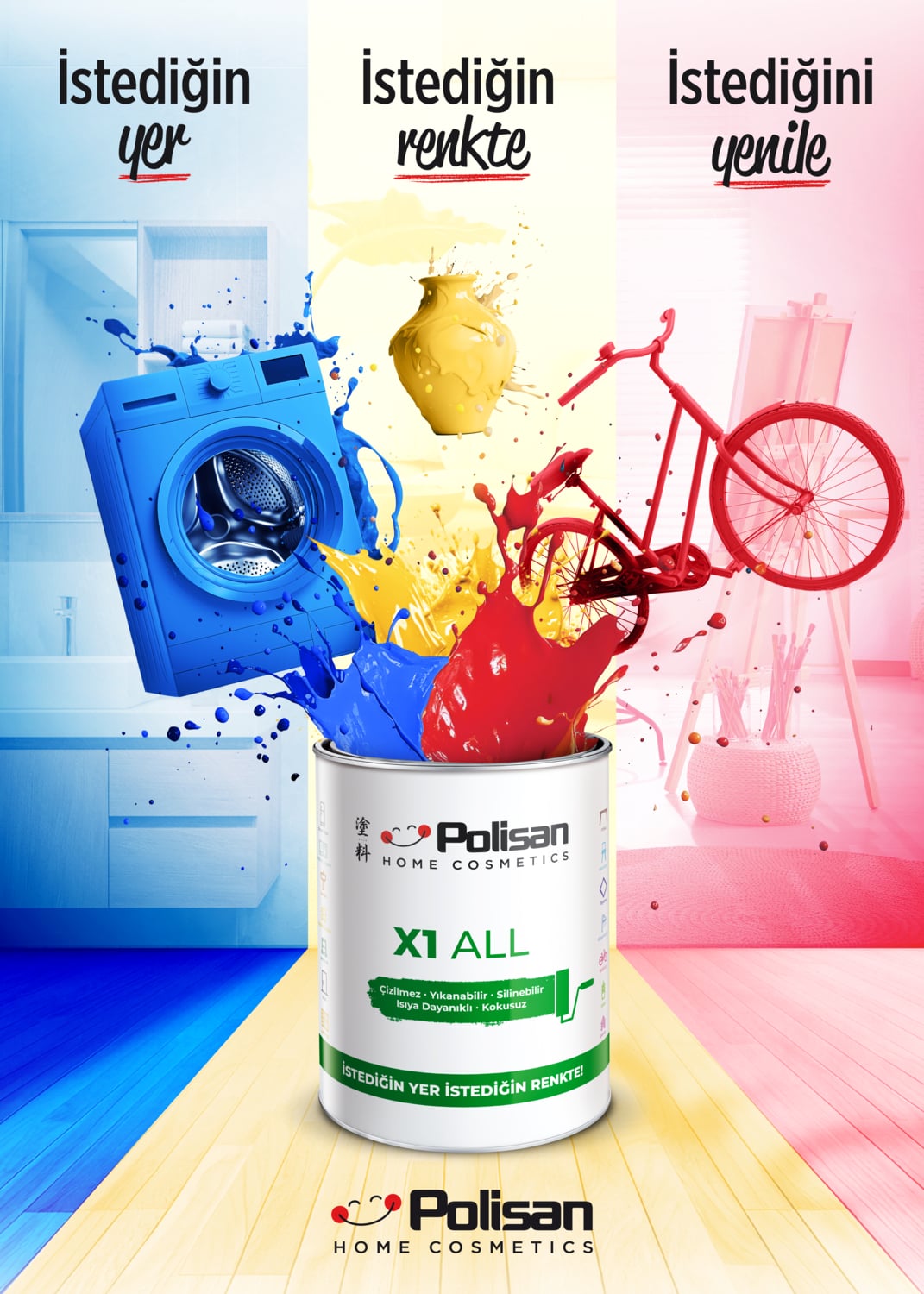 POLİSAN X1 All Tüm Zeminler Için Yıkanabilen Silinebilen Kokusuz Boya 0.75 Lt 4505 Toz Pudra
