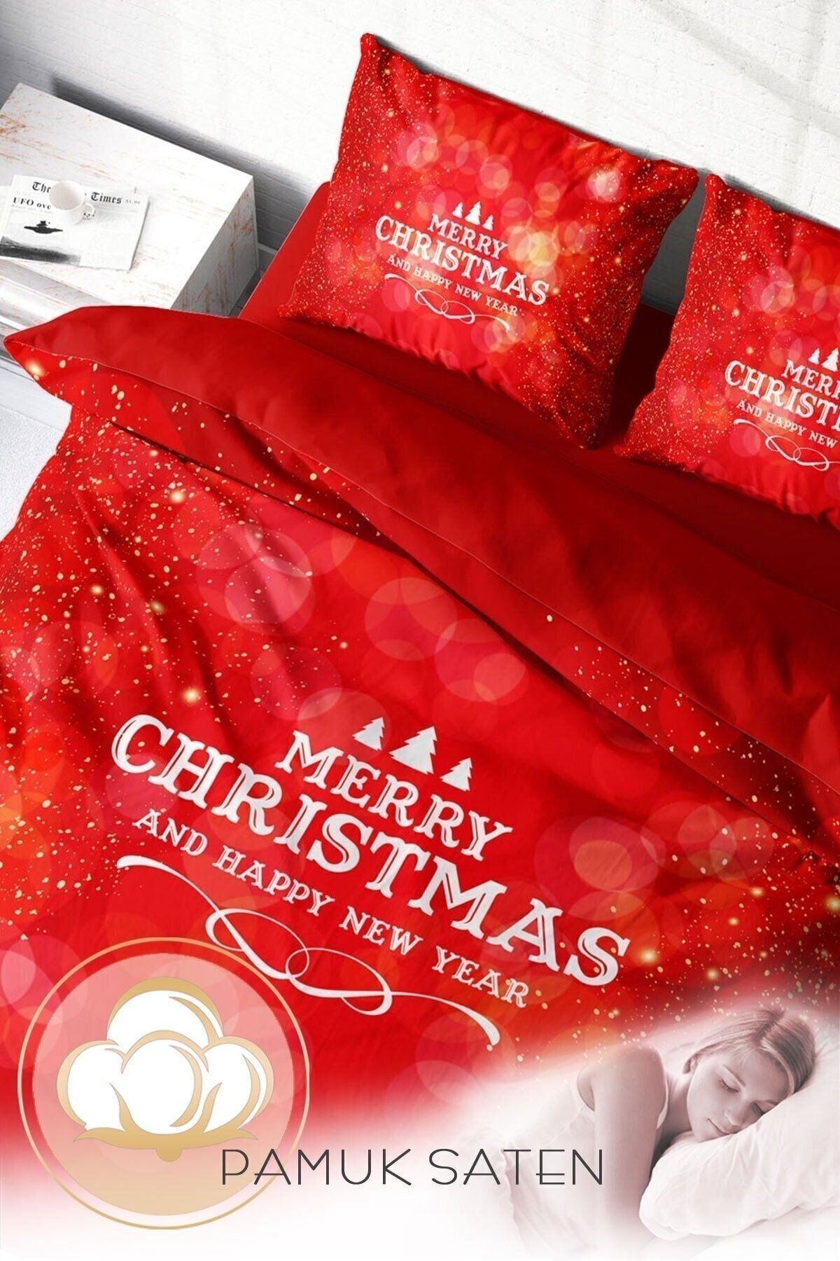 Yılbaşı Nevresim Takım %100 Doğal Pamuk Merry Christmas Çift Kişilik Merry Red