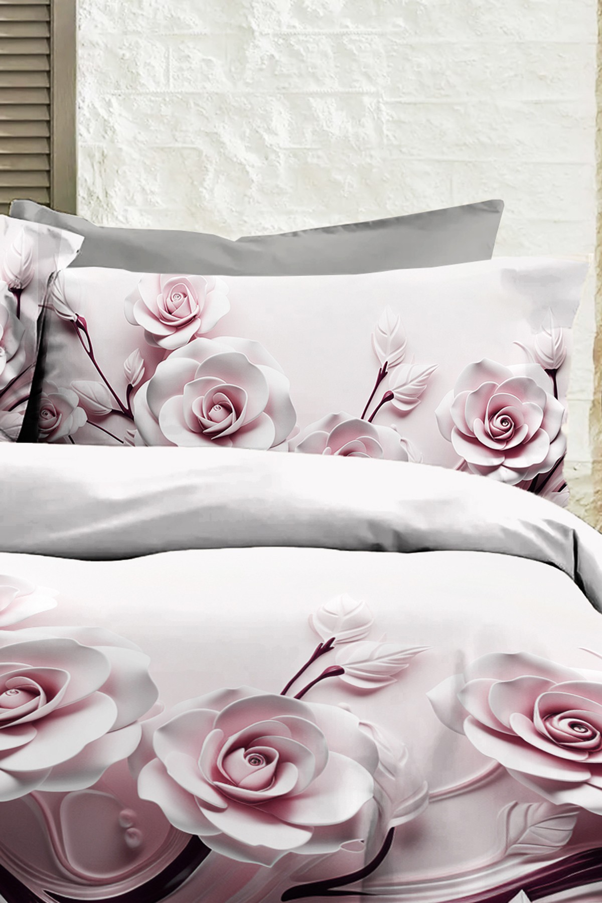 %100 PAMUK Ranforce Çeyizlik Luxury 5D Dijital Çift Kişilik Nevresim Takımı Rose