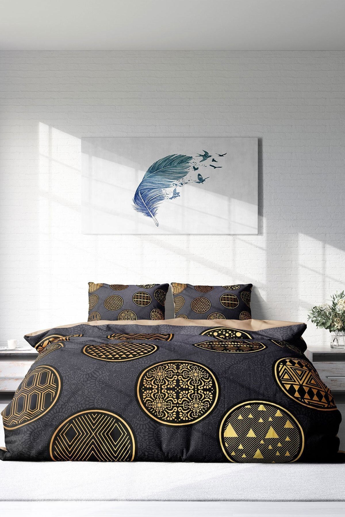Nevresim Takımı %100 Doğal Pamuk Çift Kişilik 3d Digital Gold Black Circle