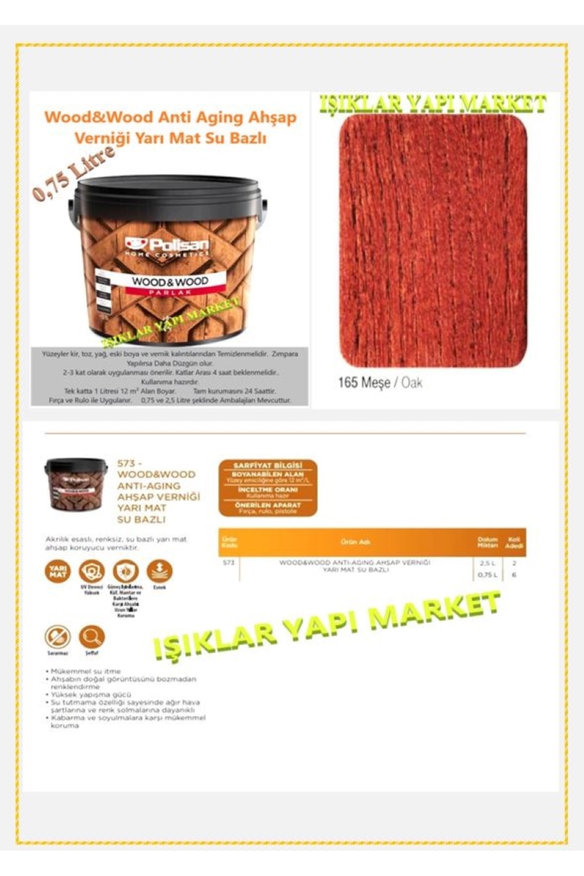 Wood&w-antiaging-ahşap Verniği-yarı Mat-su Bazlı-0,75litre (0,850KG.)-165-meşe