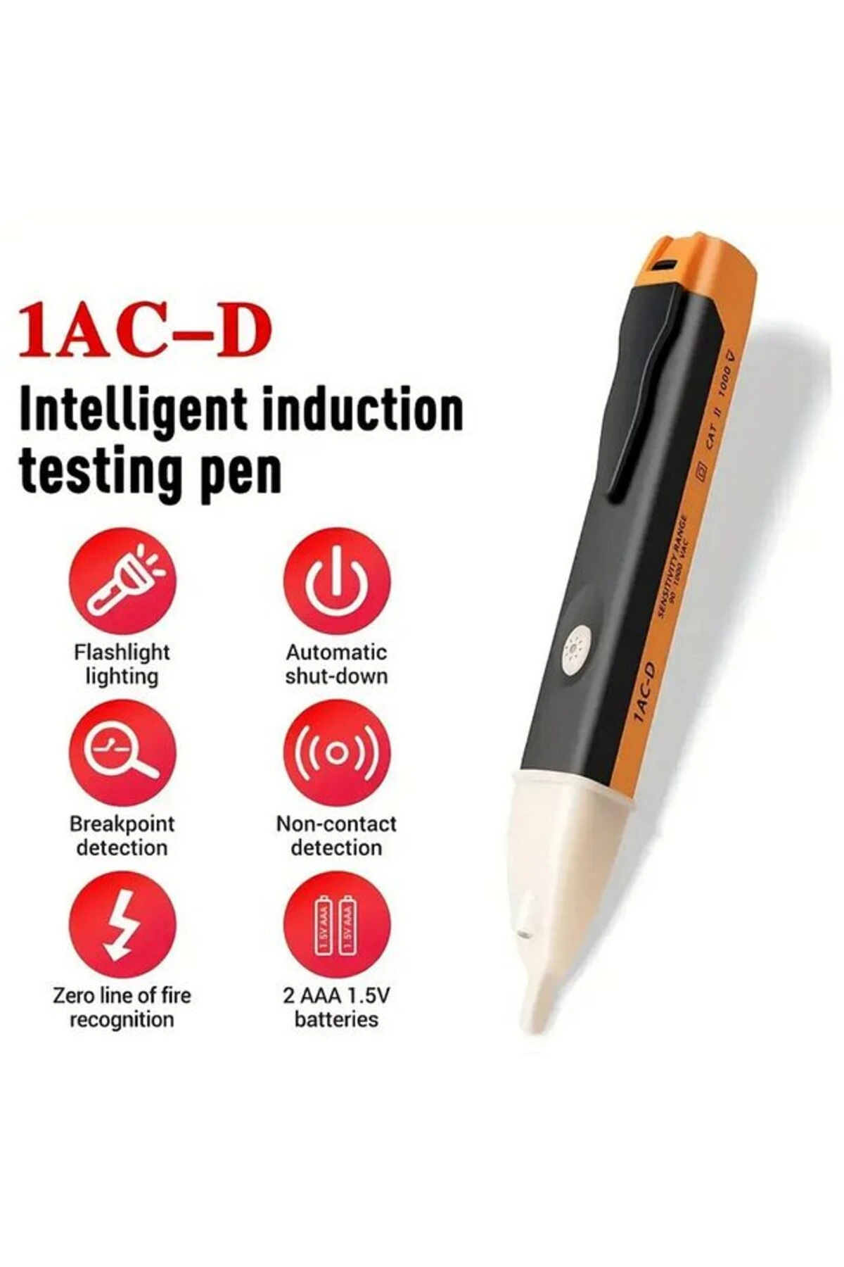 Pilli Led Işıklı, Sesli Temassız Faz Kontrol Kalemi Dijital Ölçüm Cihazı (2 Adet Aaa Pil ) Orta Boy