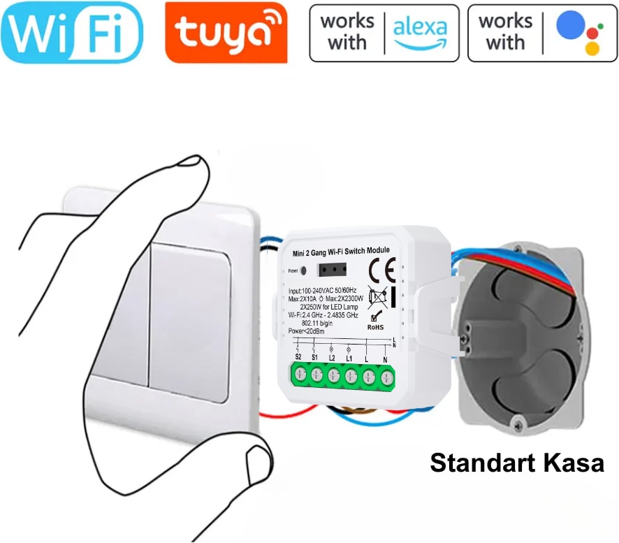 Tuya Uyumlu Ikili Wifi Akıllı Anahtar ( 2X10A / 220V Röle) Çift Çıkışlı, Anahtar Girişli, Google Asistan , Alexa Destekli