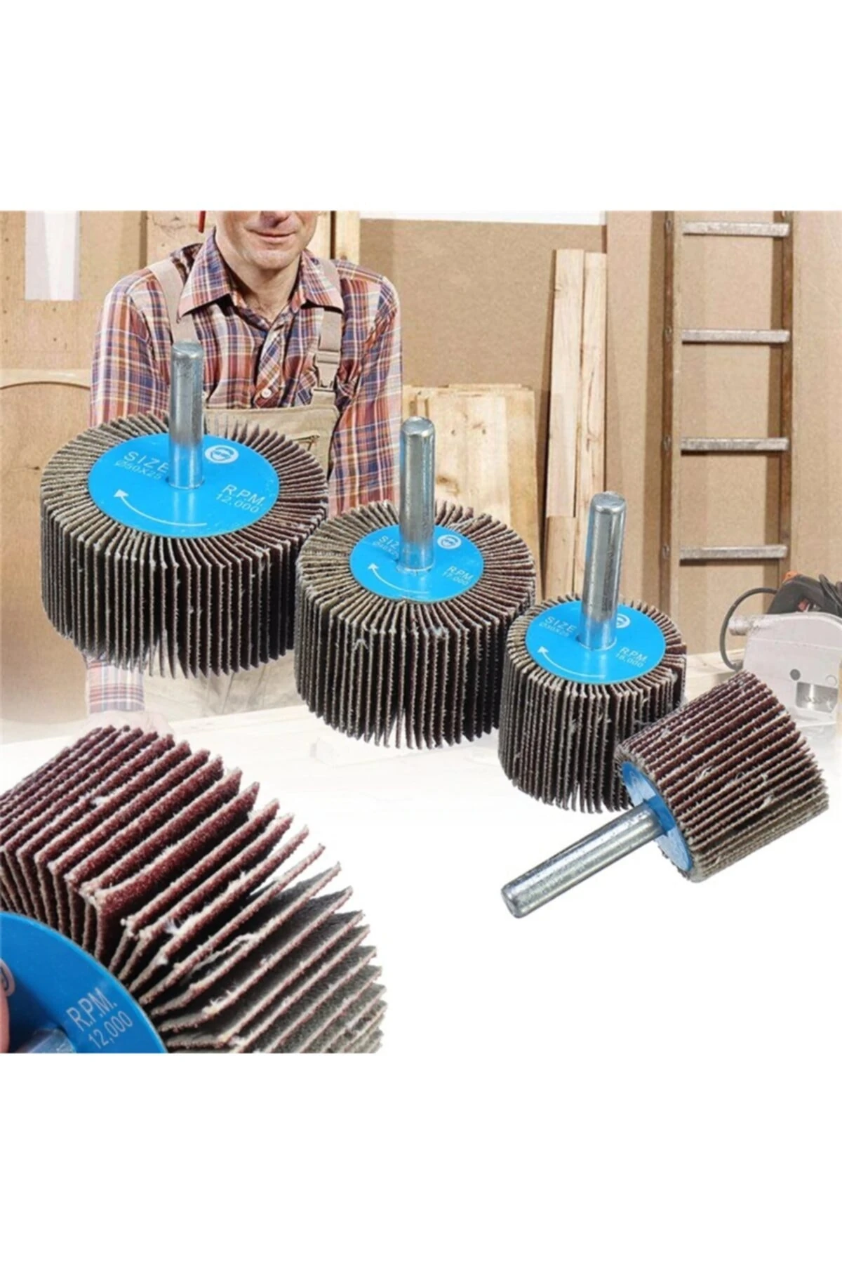 Mop Zımpara Saplı Silindir Zımpara Seti 5 Parça 60 Kum Daire Zımpara Takımı Ahşap Metal Zımparalama