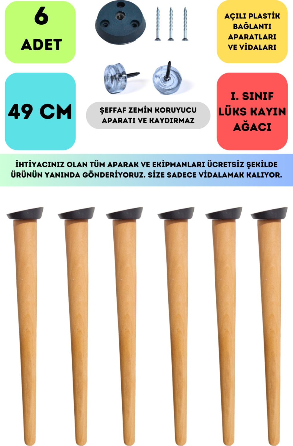 6'lı Konik Lüks Ahşap Ayak, Masa Ayağı, Sehpa Ayağı, Açılı Parat ve Vidalar 49 cm
