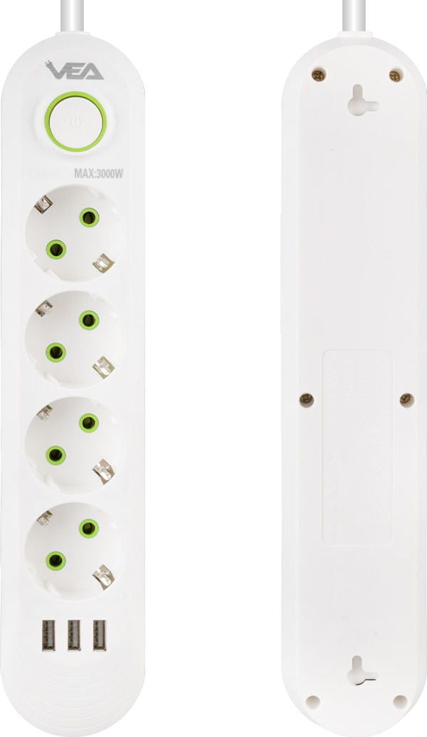 VA-21560 4'lü 1.5 Metre Kablolu 3 Usbli Beyaz Akım Korumalı Priz