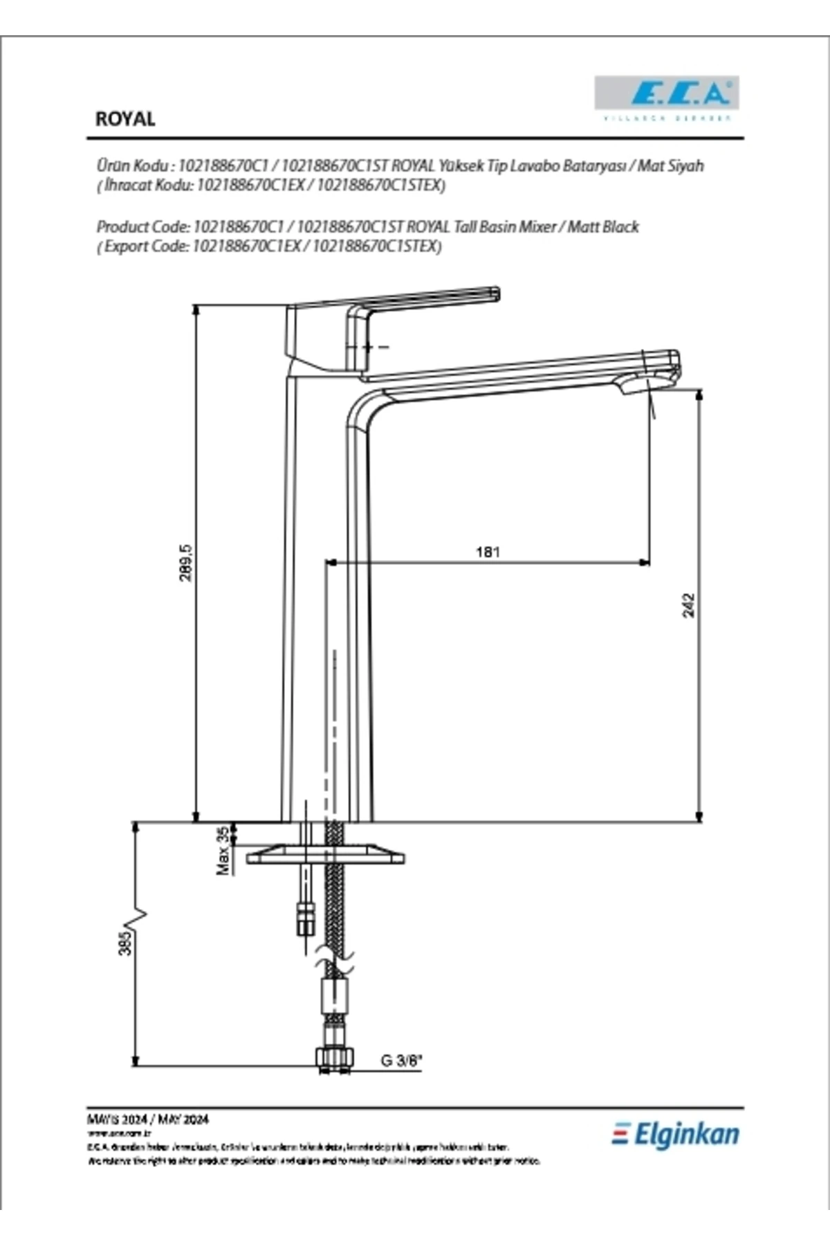 Royal Yüksek Tip Lavabo Bataryası Mat Siyah