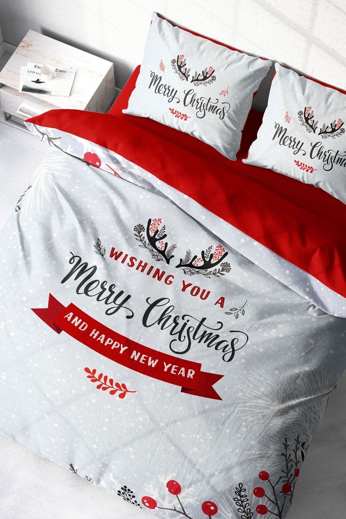 Yılbaşı Nevresim Takım %100 Doğal Pamuk Merry Christmas Çift Kişilik Wıshing You