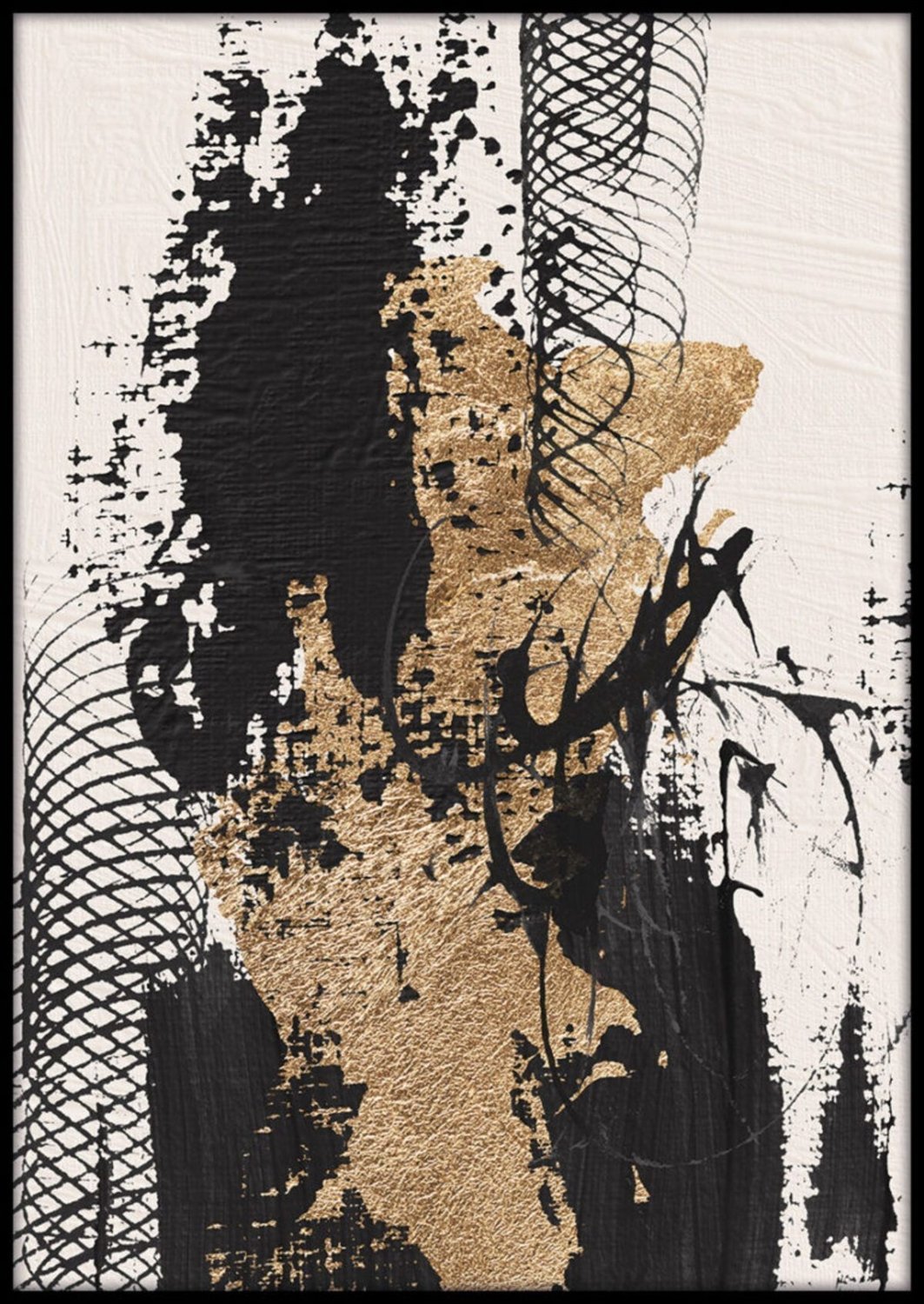 Gri-Gold-Siyah Soyut Abstract Kombini 07|Çerçeveli Cam Tablo 3lü Dikey