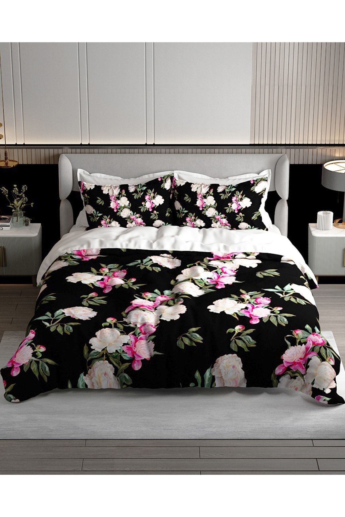 Black Flower Pamuk Saten Çift Kişilik Nevresim Takımı 3d