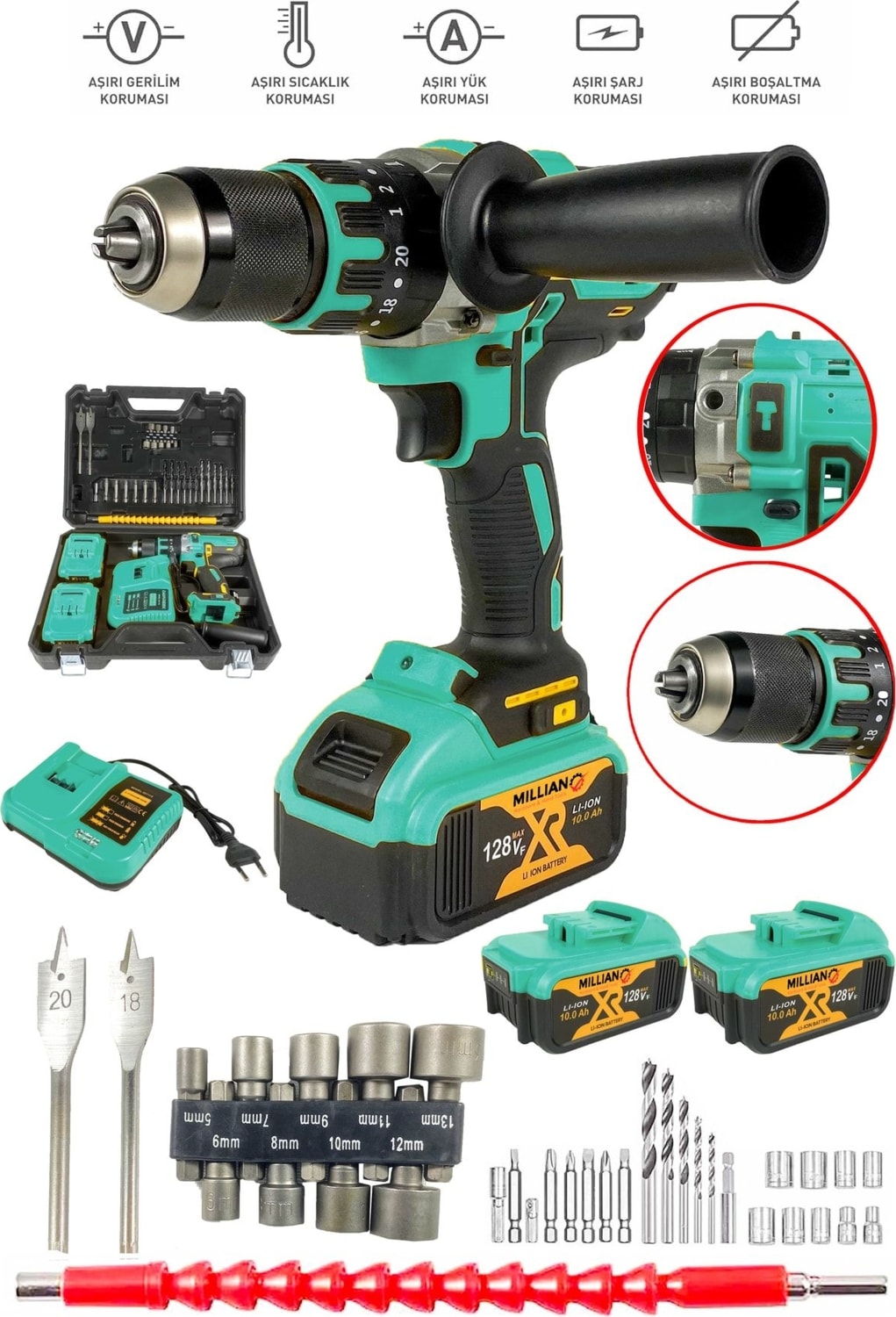 128V 10AH Darbeli Şarjlı Matkap Seti, Çift Akülü, Metal Şanzıman, Vidalama, 39 Parça