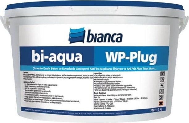 Bi-Aqua Wp-Plug Çimento Esaslı, Beton ve Duvarlarda Genleşerek Aktif Su Kaçaklarını Önleyen ve Ani Priz Alan Tıkaç Harcı 5 kg