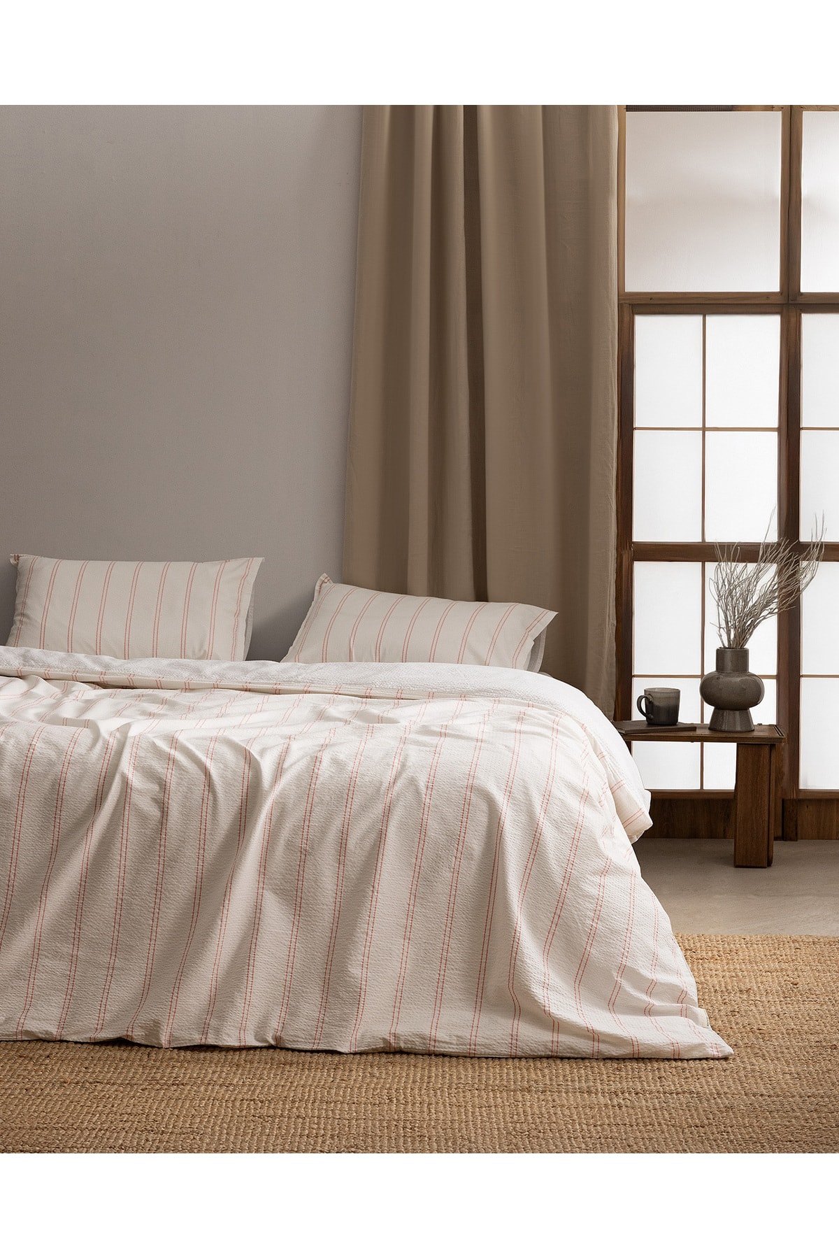 Linda Çizgili King Size %100 Pamuk Yıkamalı Gofre Nevresim Takımı - Beyaz/Mercan