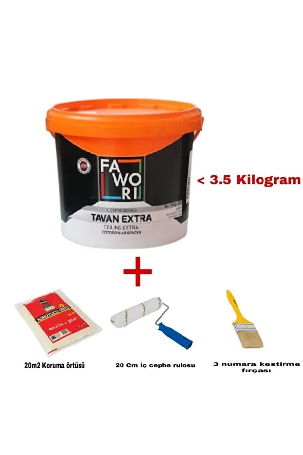 Extra Tavan Boyası Beyaz 3.5 kg + 20 M2 Koruma Örtüsü + 20 cm Rulo + 3 No Kestirme Fırçası