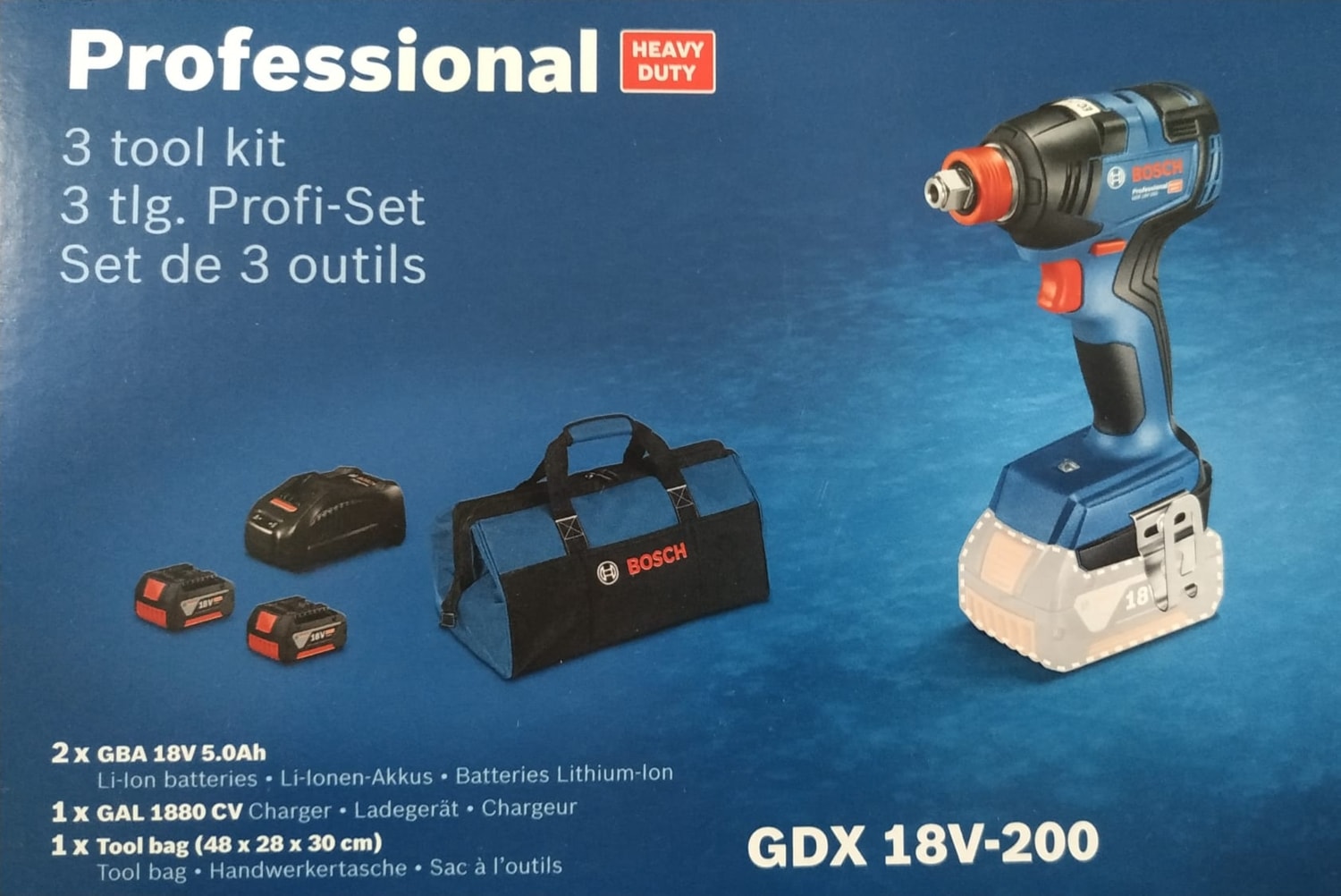 BOSCH Profesyonel Set: Akülü Kırıcı-Delici Gbh 18V-26 + Akülü Darbeli Vidalama/somun Sıkma Makinesi Gdx 18V-200 + Akülü Avuç Taşlama Makinesi Gws 18V-10 + 2 x 5.0 Ah Akü Çanta Içinde