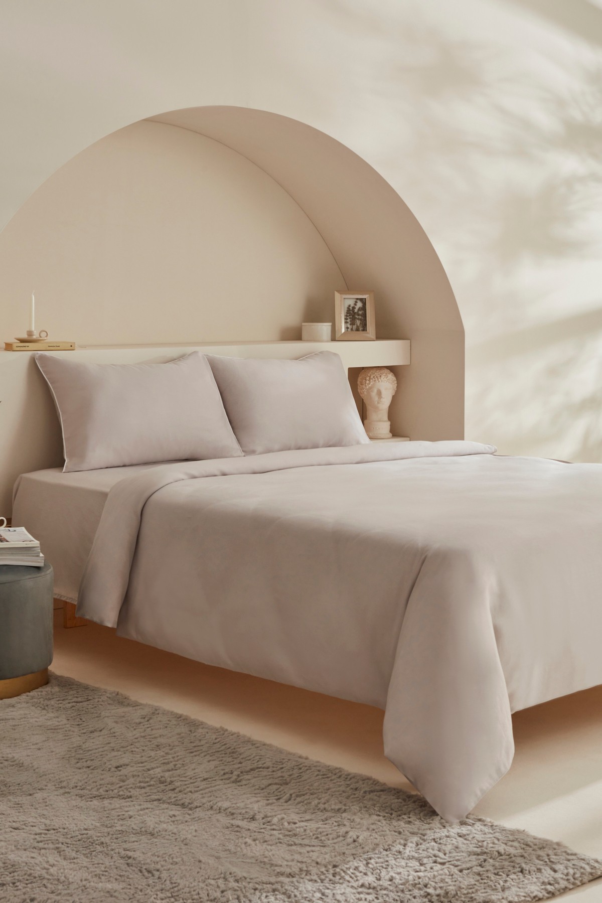 White Collection Vinas Çift Kişilik Saten Biyeli Nevresim Takımı Açık Gri