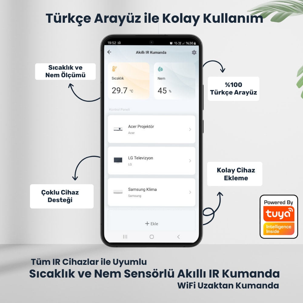 Tuya Uyumlu Dahili Sıcaklık ve Nem Sensörlü Akıllı Ir Kumanda ( Mobil Uygulama Üzerinden Klima, Tv Kontrol , Dahili Termostat Özelliği )