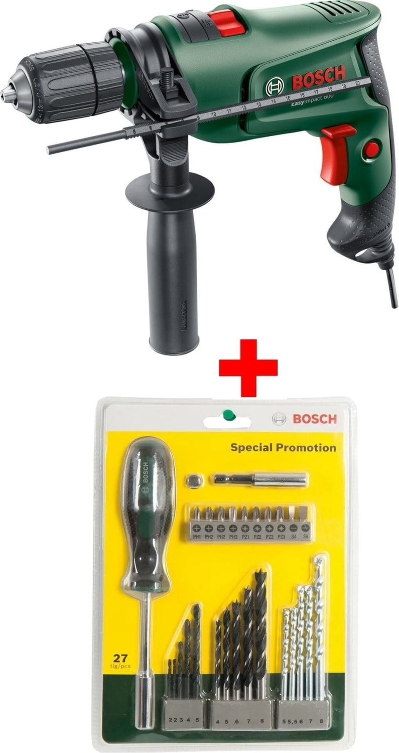 BOSCH Darbeli Matkap 600 Watt + 27 Parça Vidalama Ucu Matkap Ucu Tornavida Seti