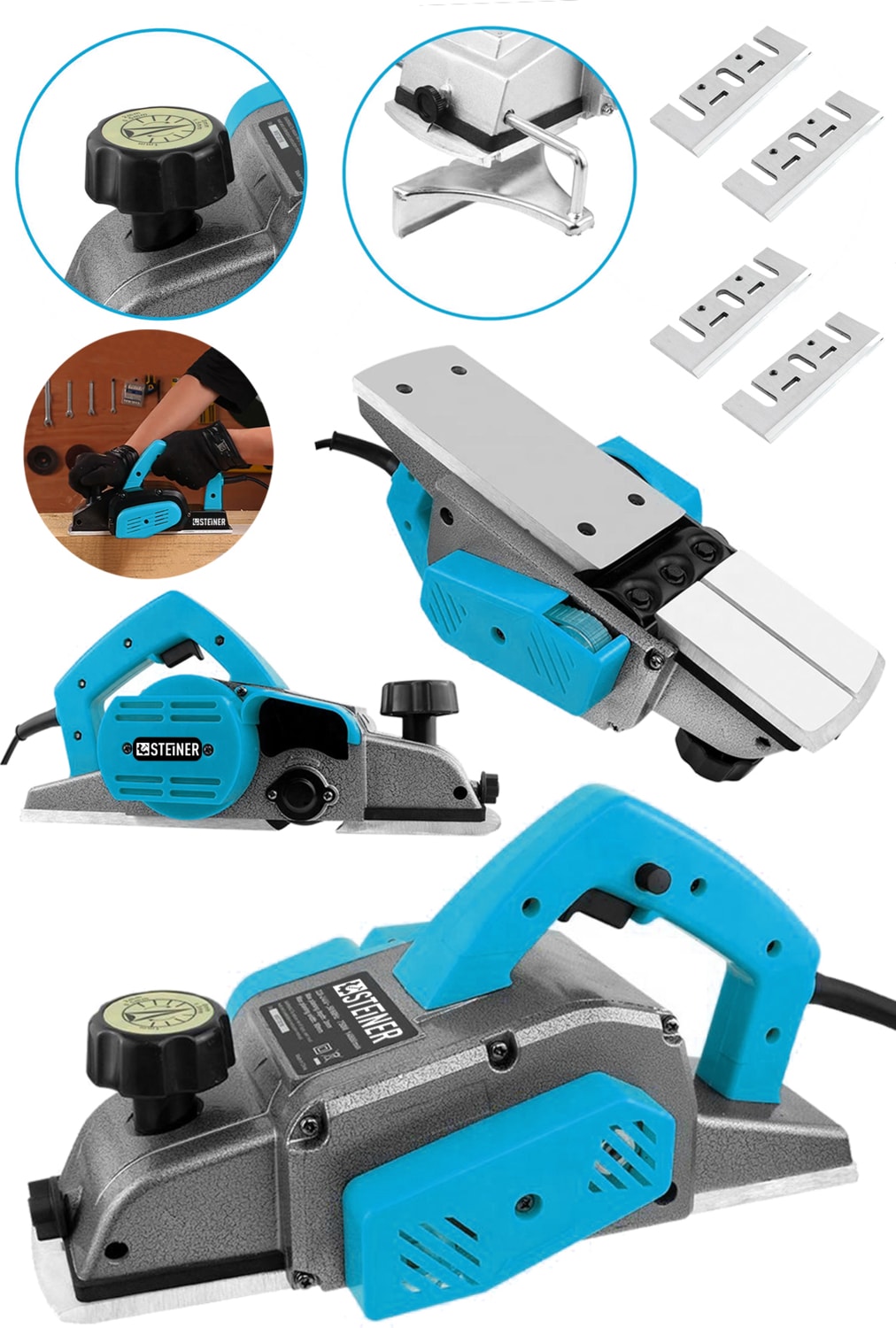 Alman 4200 W Bakır Sargı Metal Şanzıman Motor Korumalı Çift Bıçaklı Planya Rende Makinesi + 4 Bıçak
