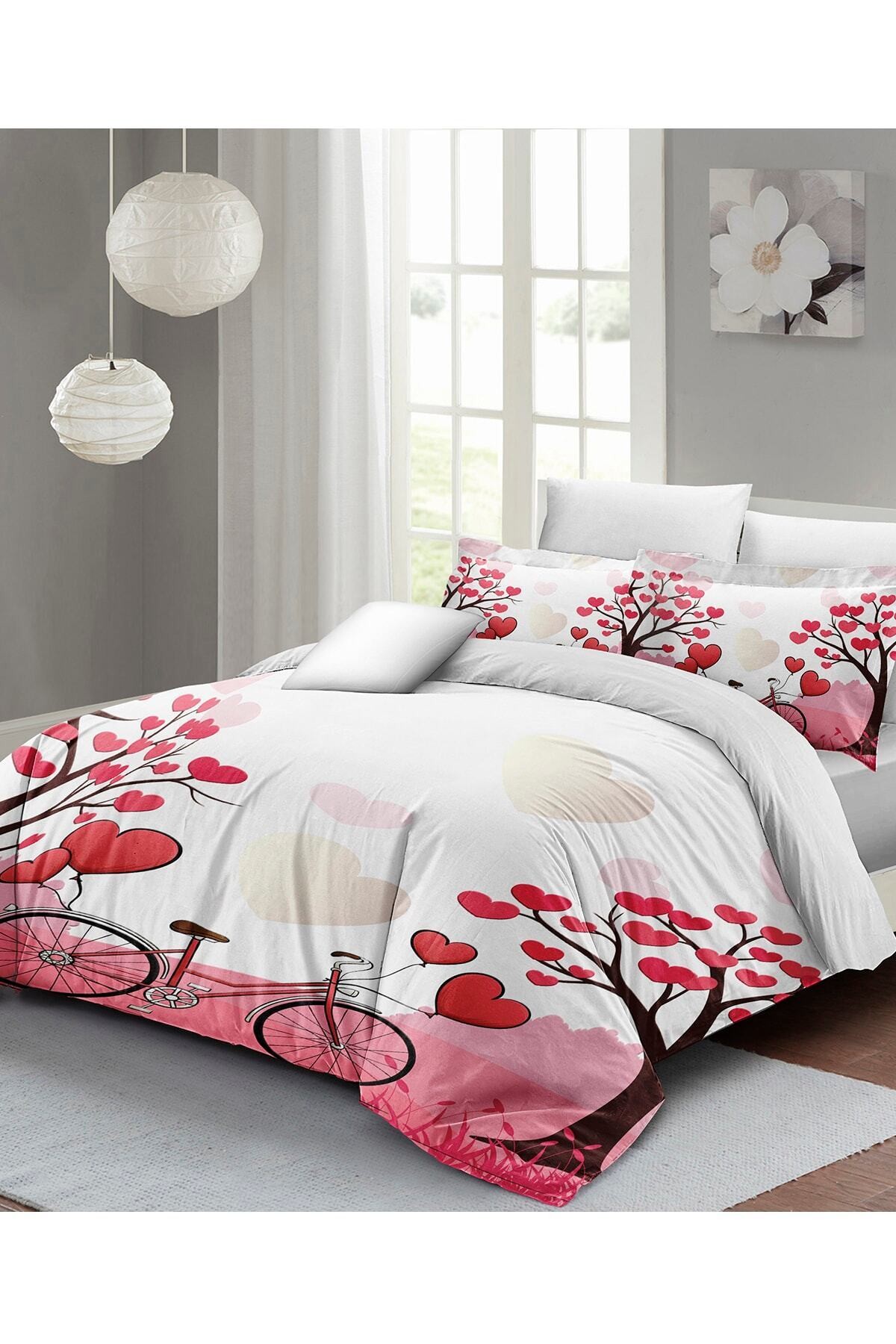 Kıng Sıze Sevgililer Günü Çift Kişilik Nevresim Takımı%100 Pamuk Saten White Love 220x240cm