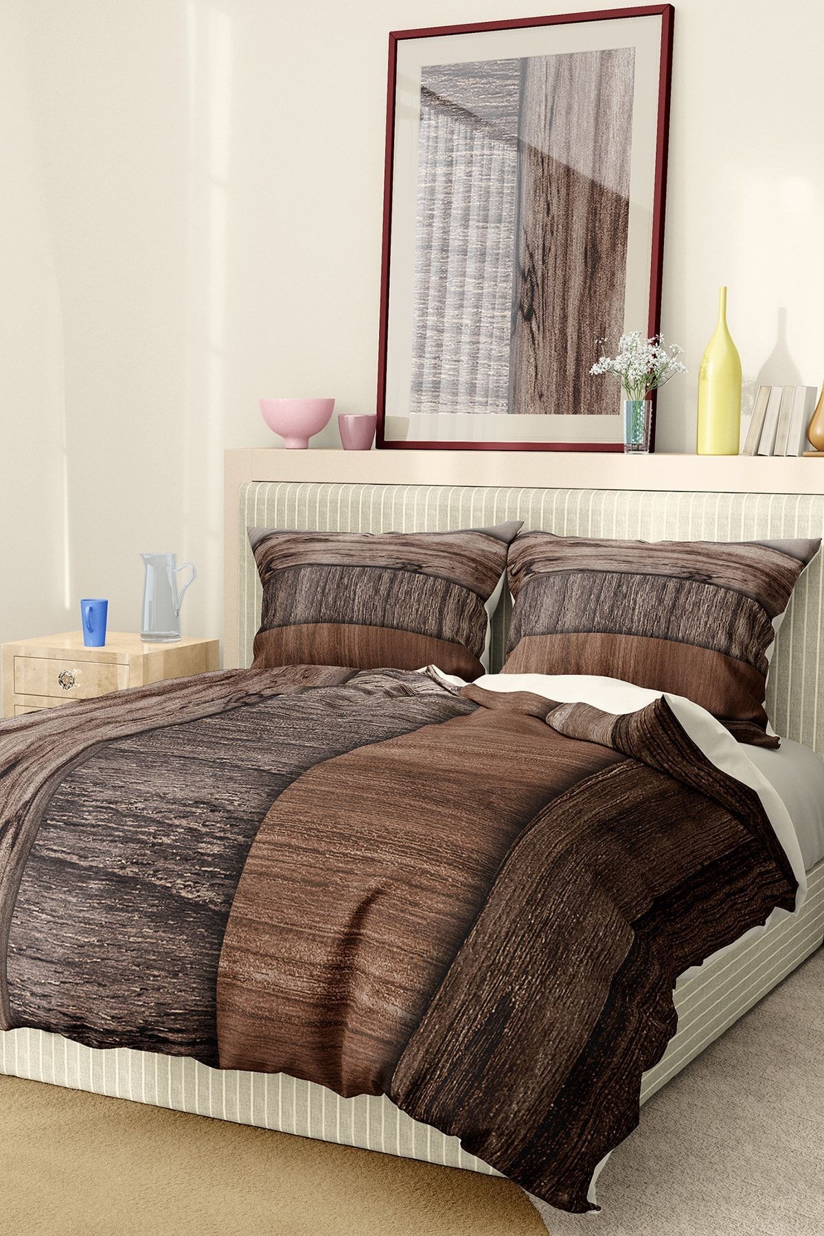 Nevresim Takımı %100 Pamuk Saten Lastikli Çarşaf Deluxe Koleksiyon Çift Kişilik 3d Brown