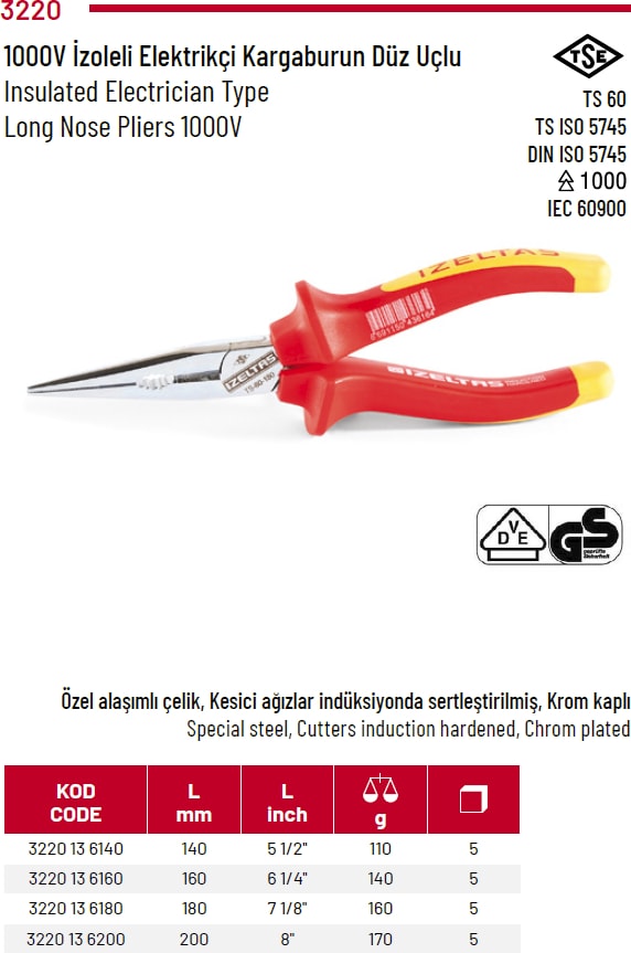 Izeltaş 1000V Izoleli Elektrikçi Kargaburun Diz Uclu 160 mm