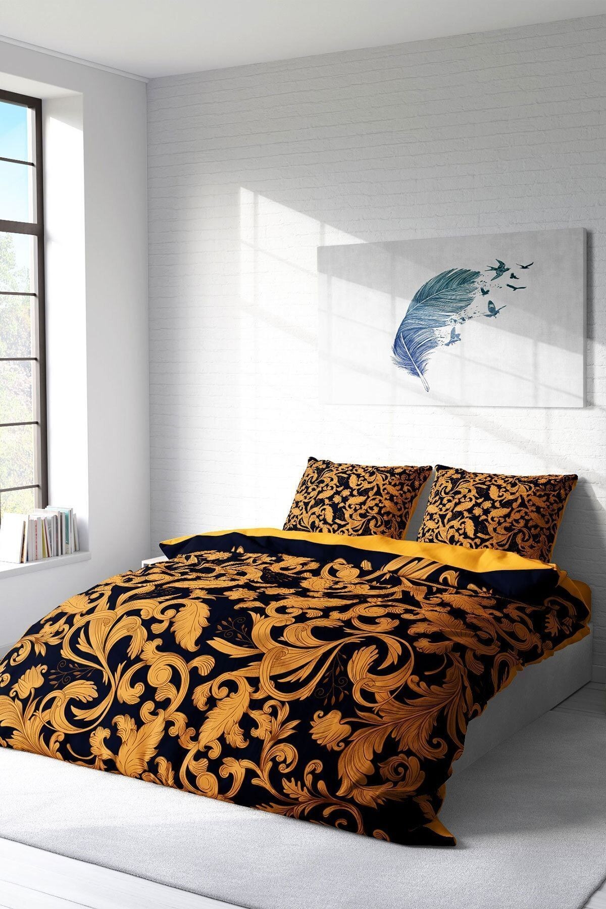 Nevresim Takımı %100 Doğal Pamuk Çift Kişilik 3d Digital Gold Floral
