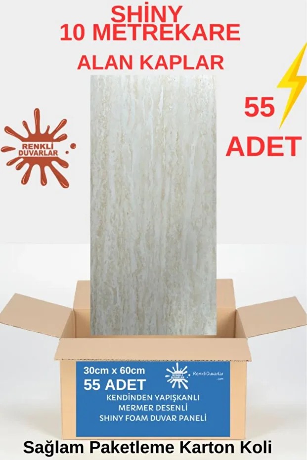 BS1741  Shiny 10m2 55 Adet 30x60cm Yapışkanlı  Mermer Desenli Karavan Banyo Wc Duvar Kaplama Paneli