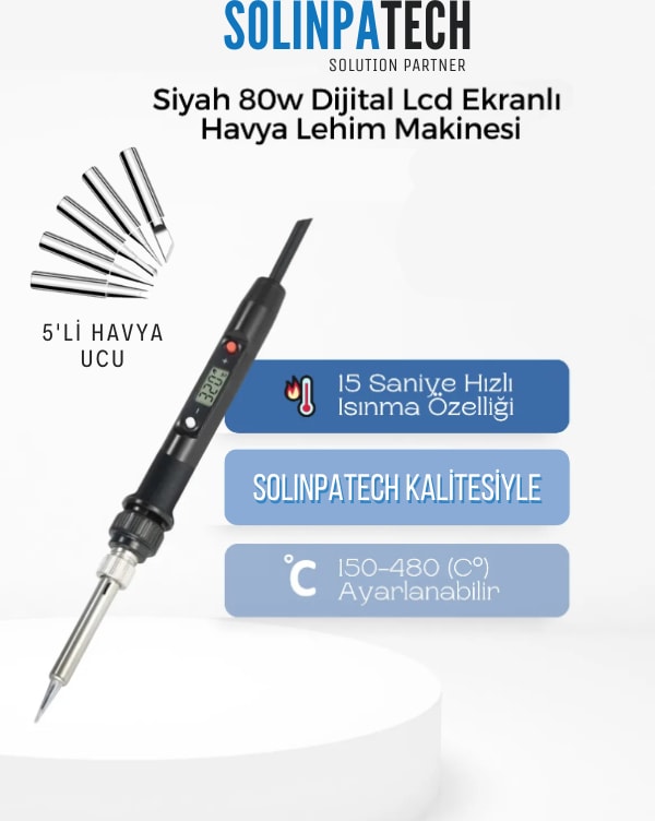 80W Digital LCD Ekranlı Isı Ayarlı Havya Sıcaklık Ayarlanabilir Lehim Makinesi ve 5 Adet Havya Ucu