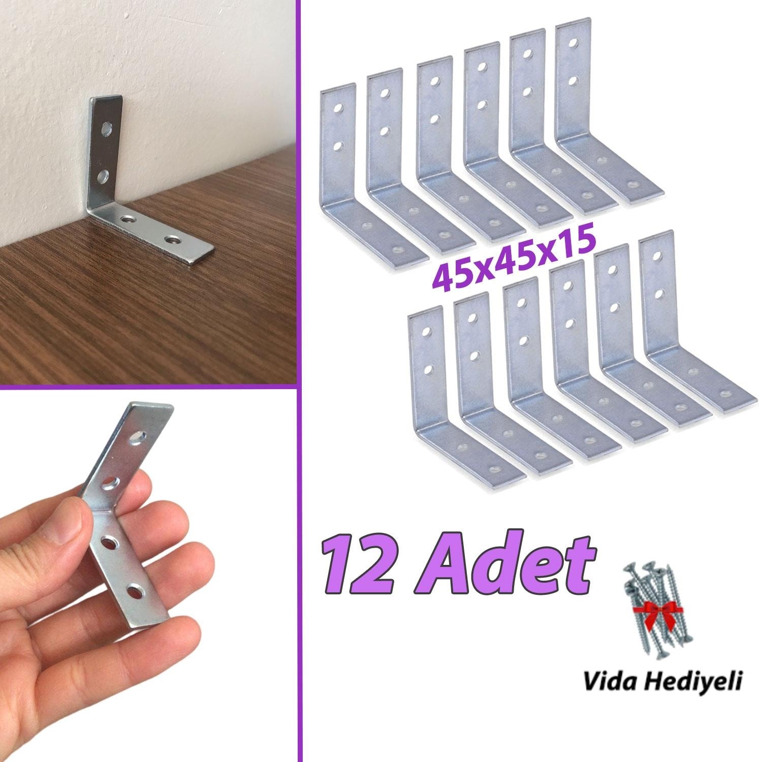 12 Adet Mobilya Eşya Dolap Duvar Sabitleyici Köşe Bağlantı L Demir Gönye Deprem Güvenliği 45 x 45 x 15 mm