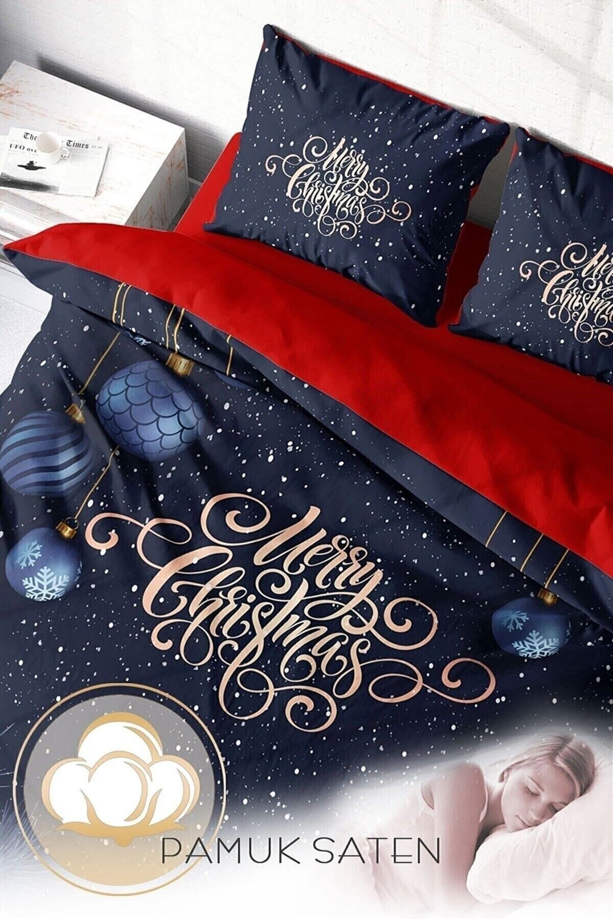 Yılbaşı Nevresim Takımı (Lastikli Çarşaflı) Çift Kişilik %100 Pamuk Saten Dream Noel