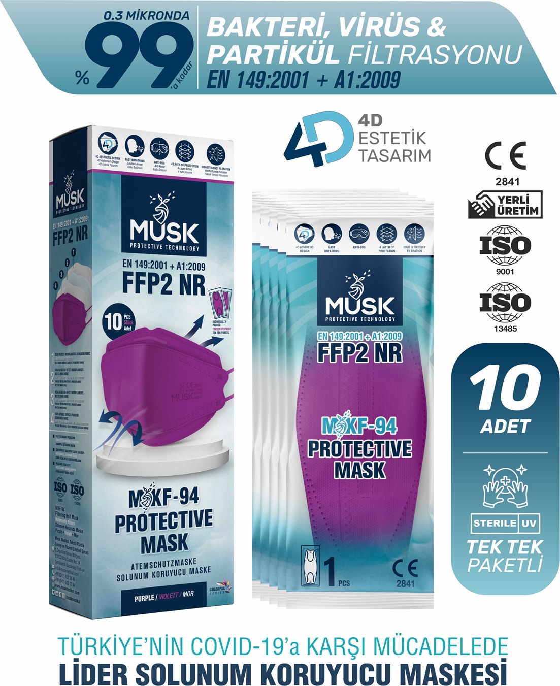 KF94 Kore Tipi N95 Maske Mor Renk 10 Adet