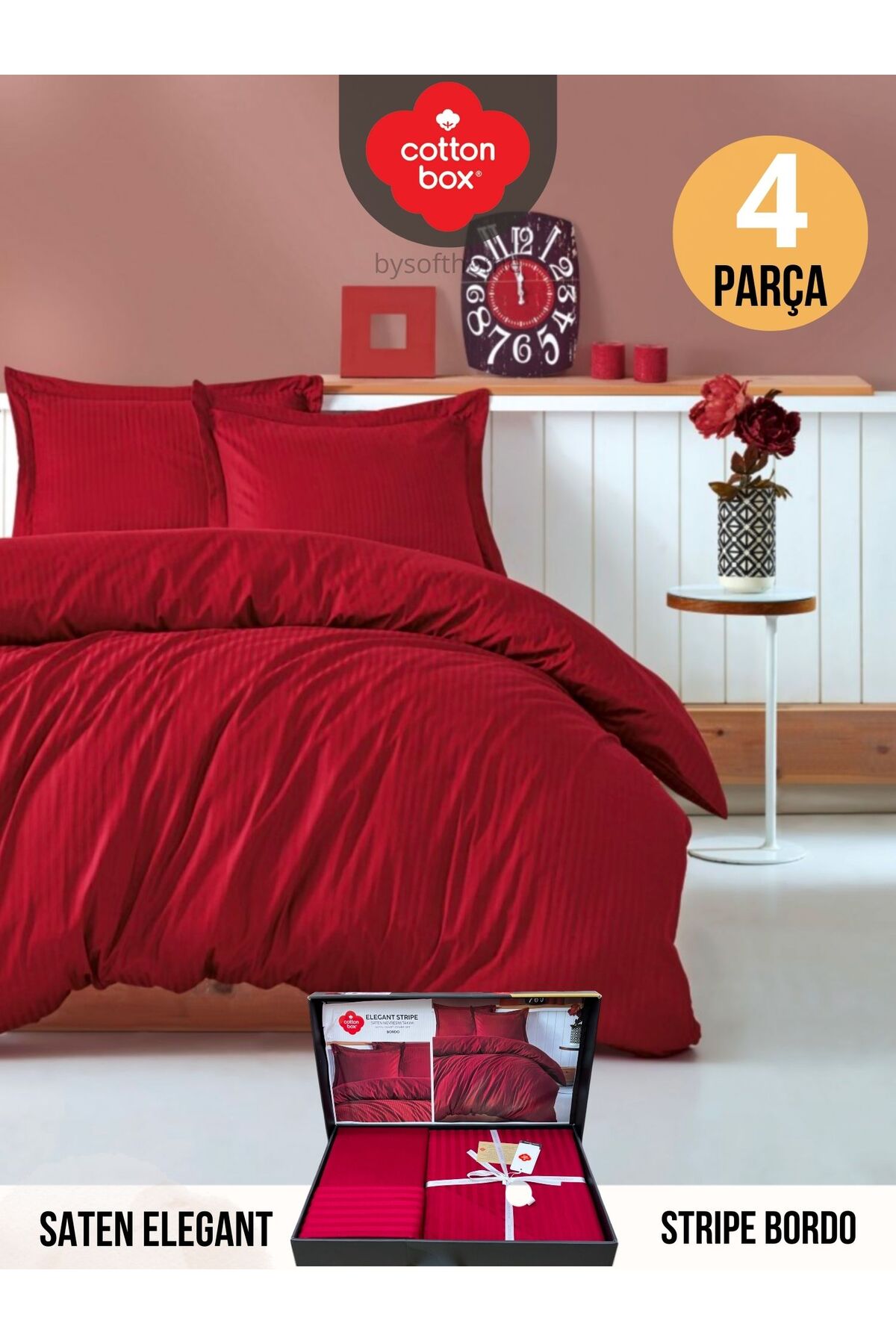 Elegant Stripe Bordo Çift Kişilik Pamuk Saten Nevresim Takımı