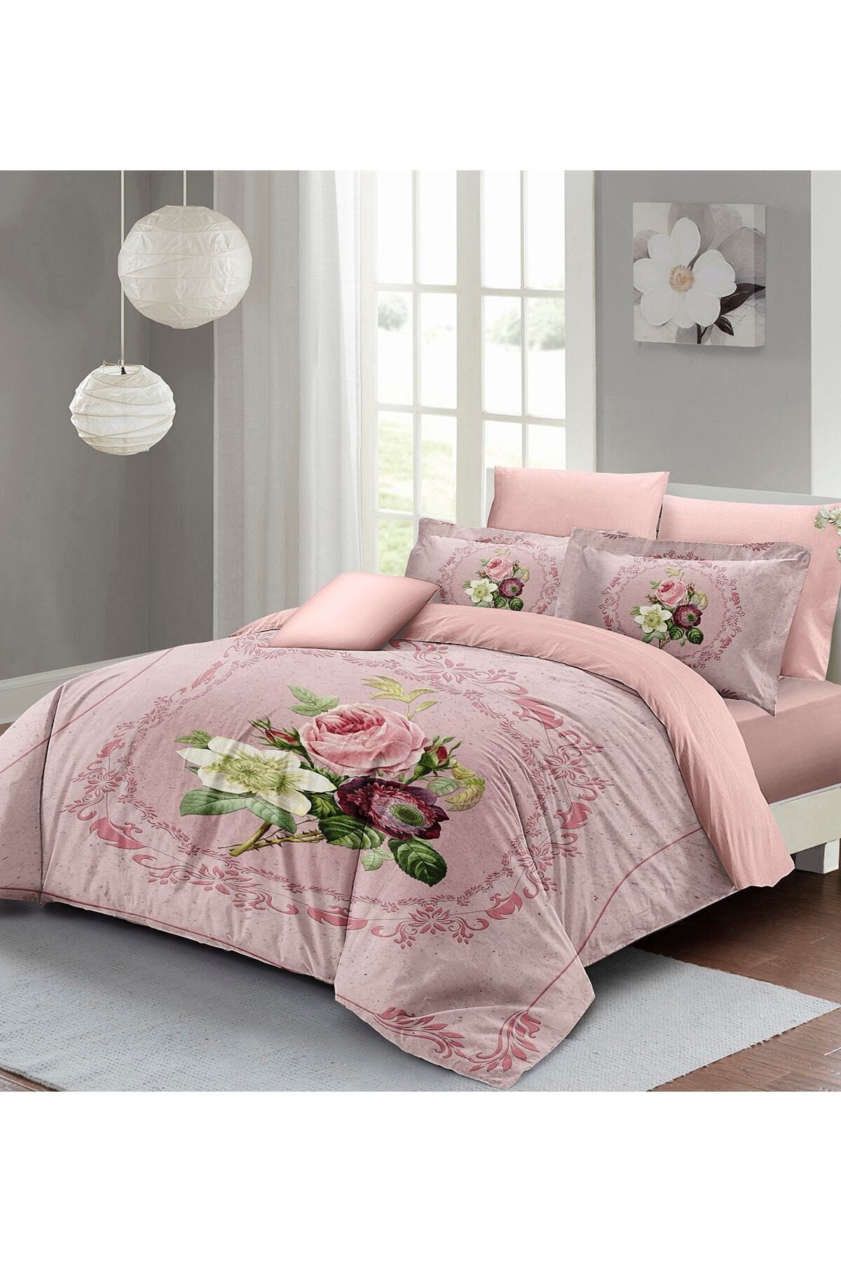Kıng Sıze Çift Kişilik Nevresim Takımı %100 Pamuk Saten Damascus Rose 220x240cm