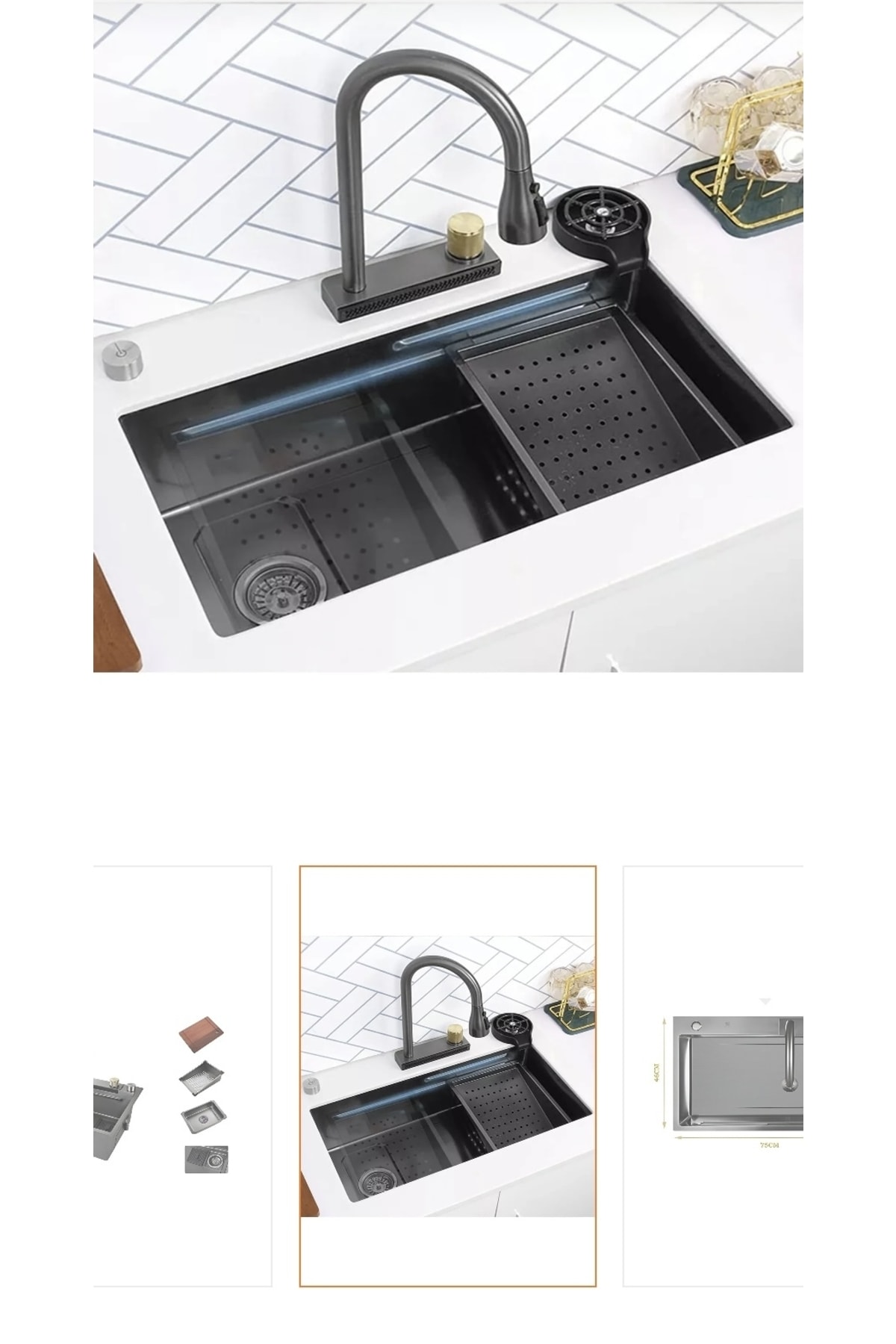 Antrasit Mutfak Evyesi Premium Tasarım Batarya Dahil Set Çok Fonksiyonlu Mutfak Eviyesi