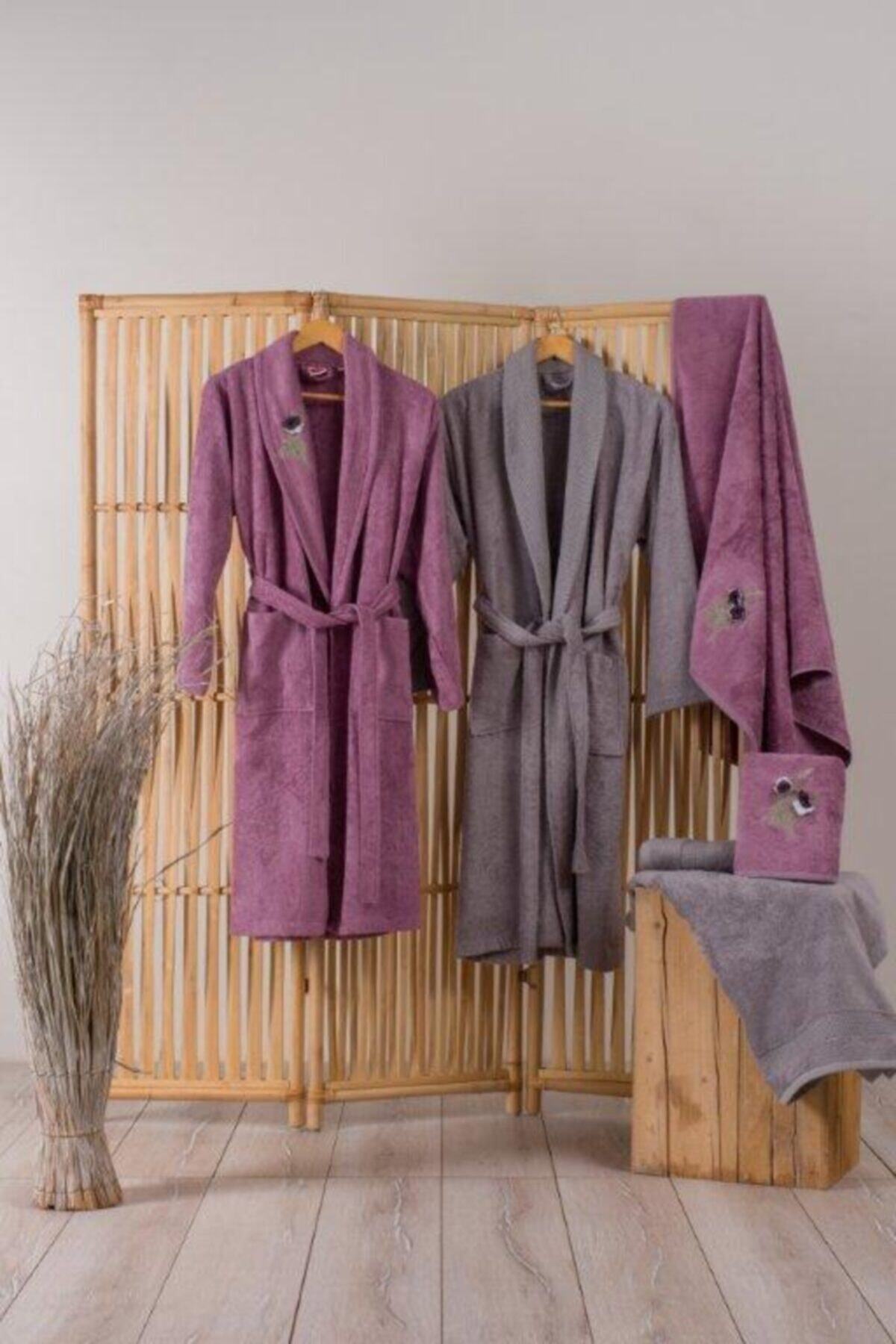 Bambu 6 Parça Aile Bornoz Seti Nakışlı Violet Mürdüm Gri