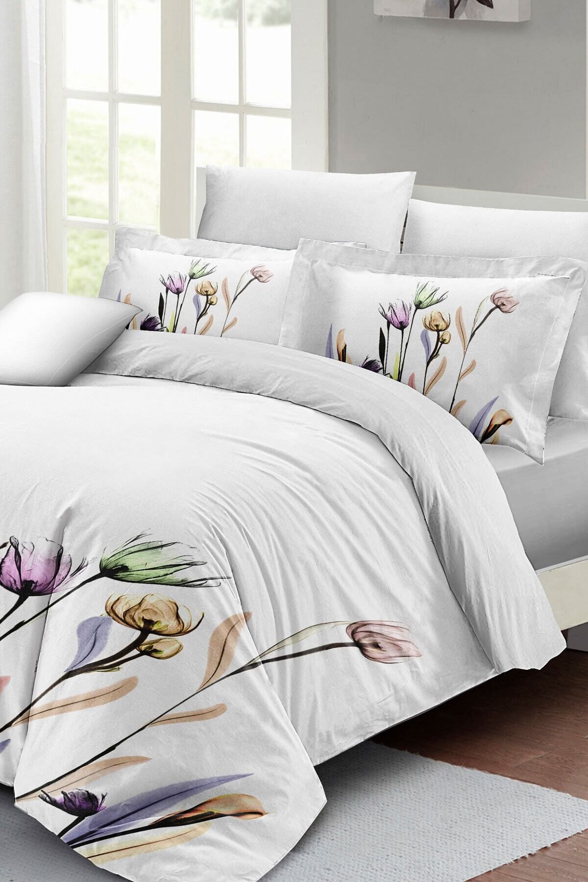 Kıng Sıze Çiçekli Beyaz Çift Kişilik Nevresim Takımı 220x240cm