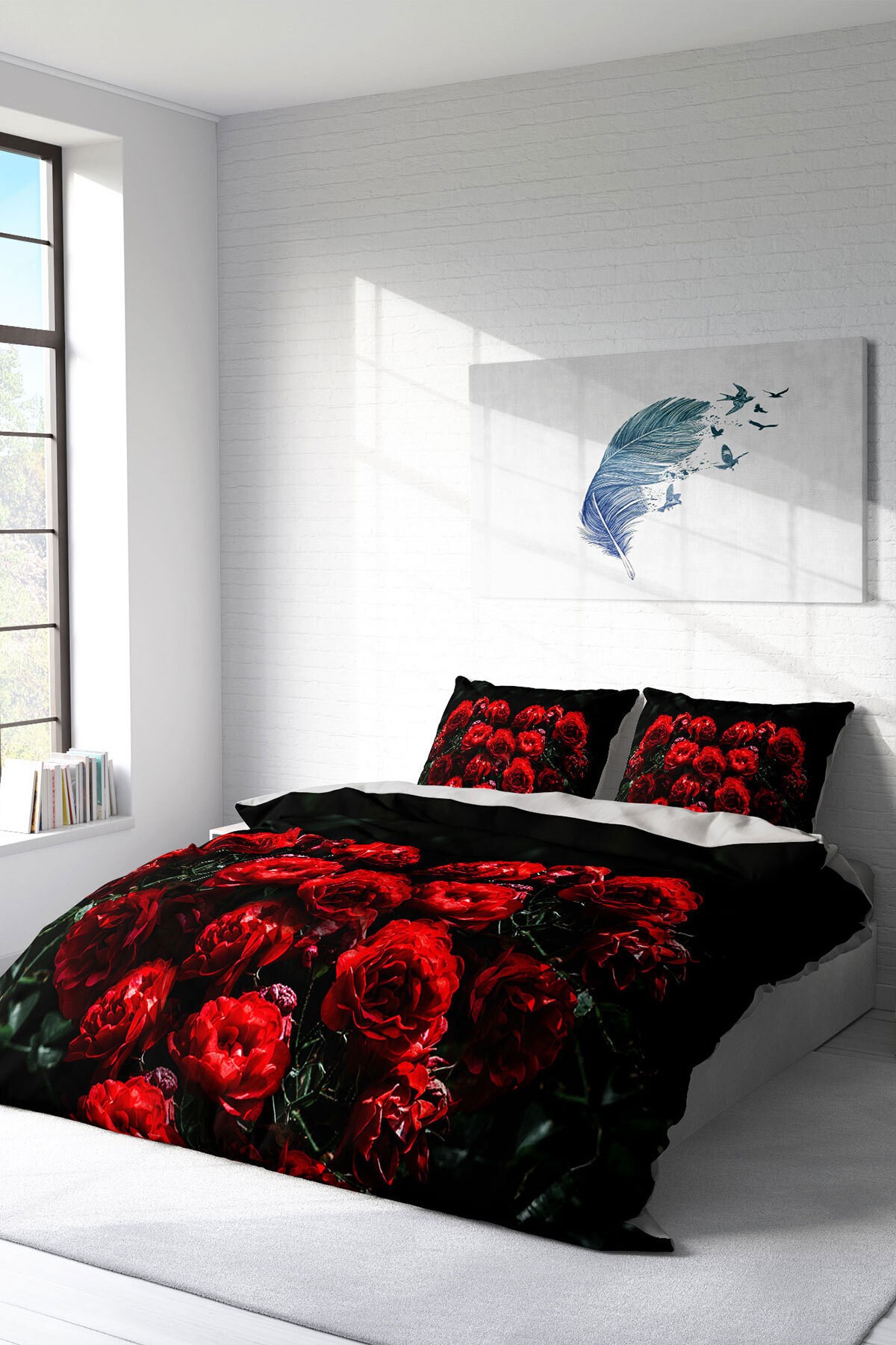 Lastikli Çarşaflı %100 Pamuk Saten Çift Kişilik Nevresim Takımı Red Black Roses