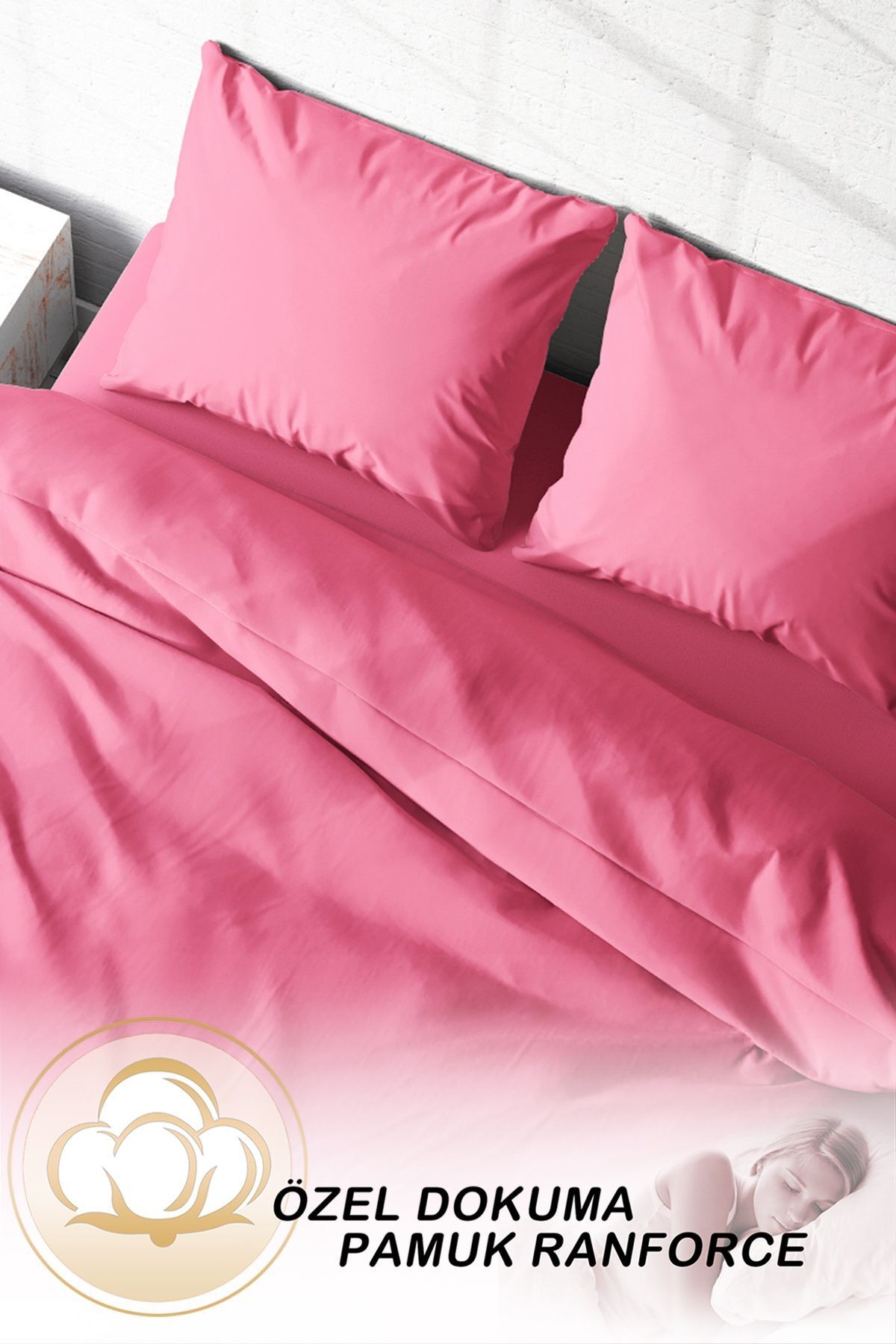 Lastikli ÇarşaflıÇift Kişilik Nevresim Takımı Pembe Lux Pamuk Ranforce