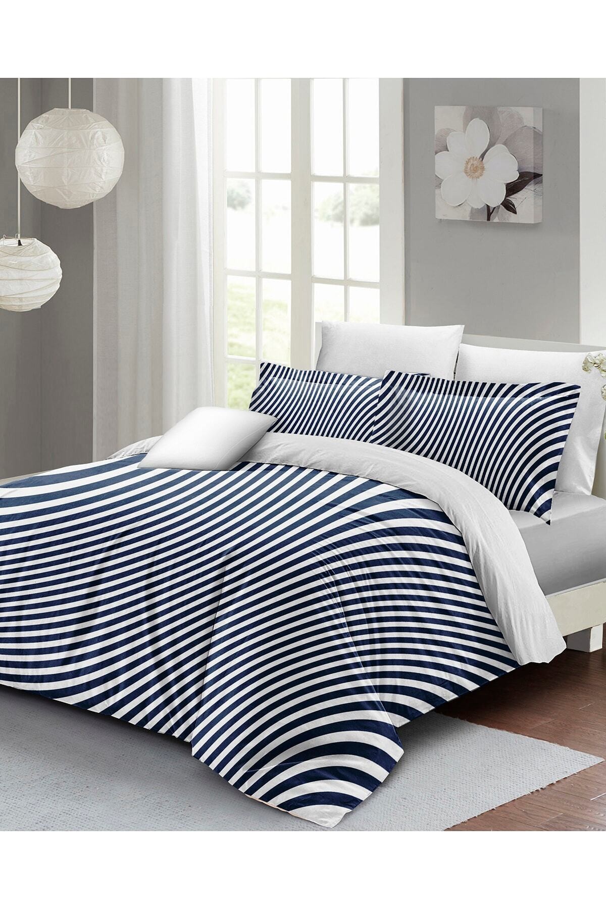 Kıng Sıze Çift Kişilik Nevresim Takımı %100 Pamuk Saten Blue Lines 220x240cm