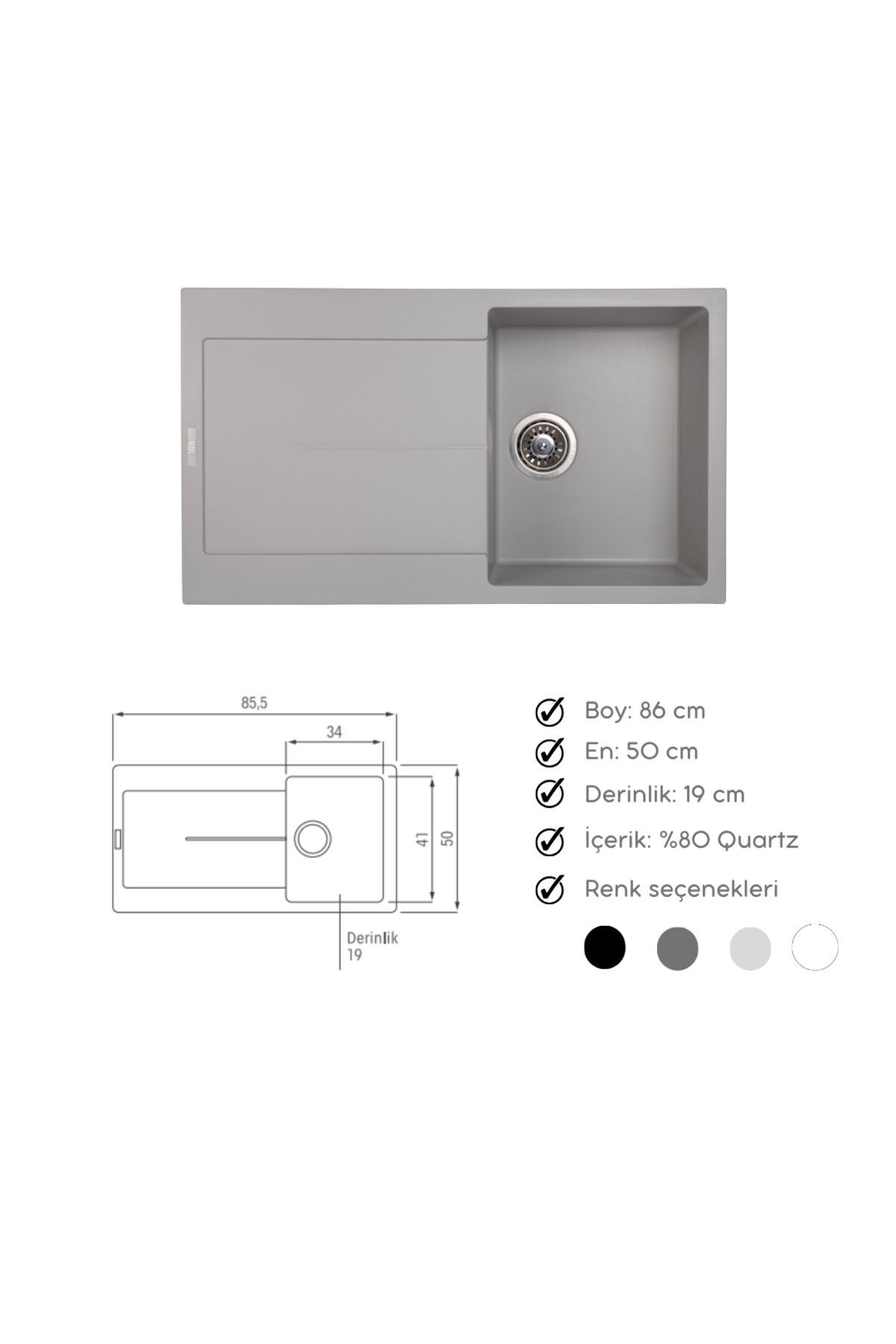 Granit Evye Açık Gri Tek Gözlü Mutfak Evyesi 86 X 50 Cm