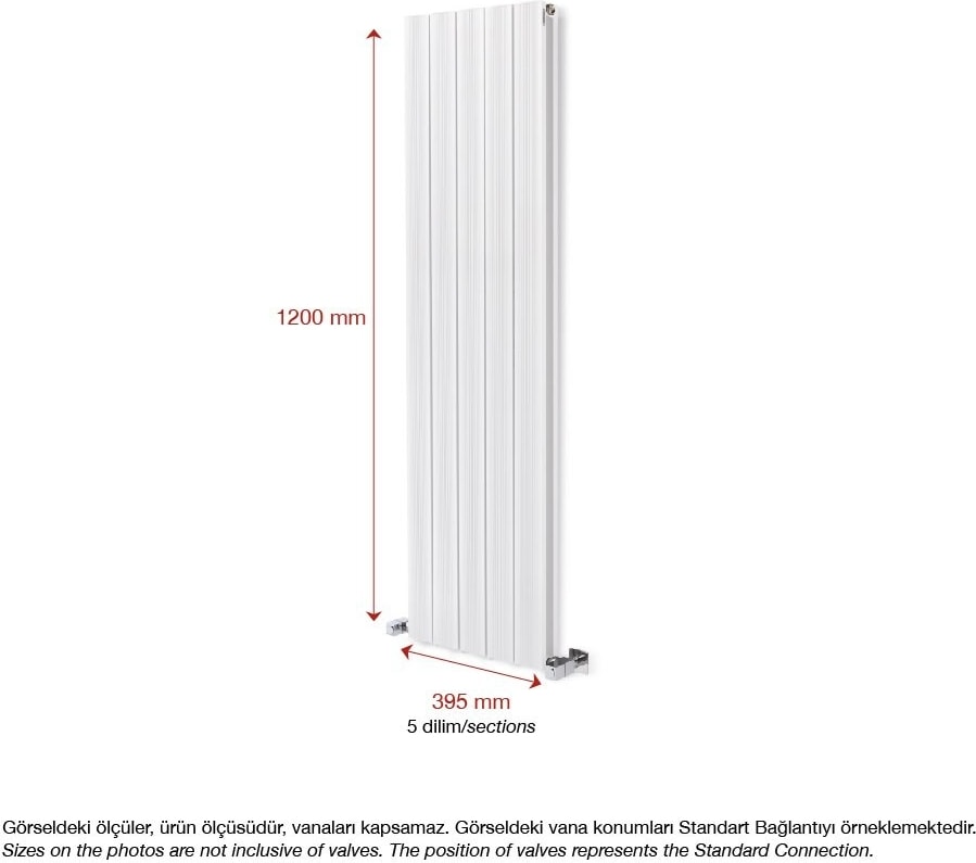 1200 x 395 mm Amber Dikey Beyaz Alüminyum Radyatör Standart Bağlantı