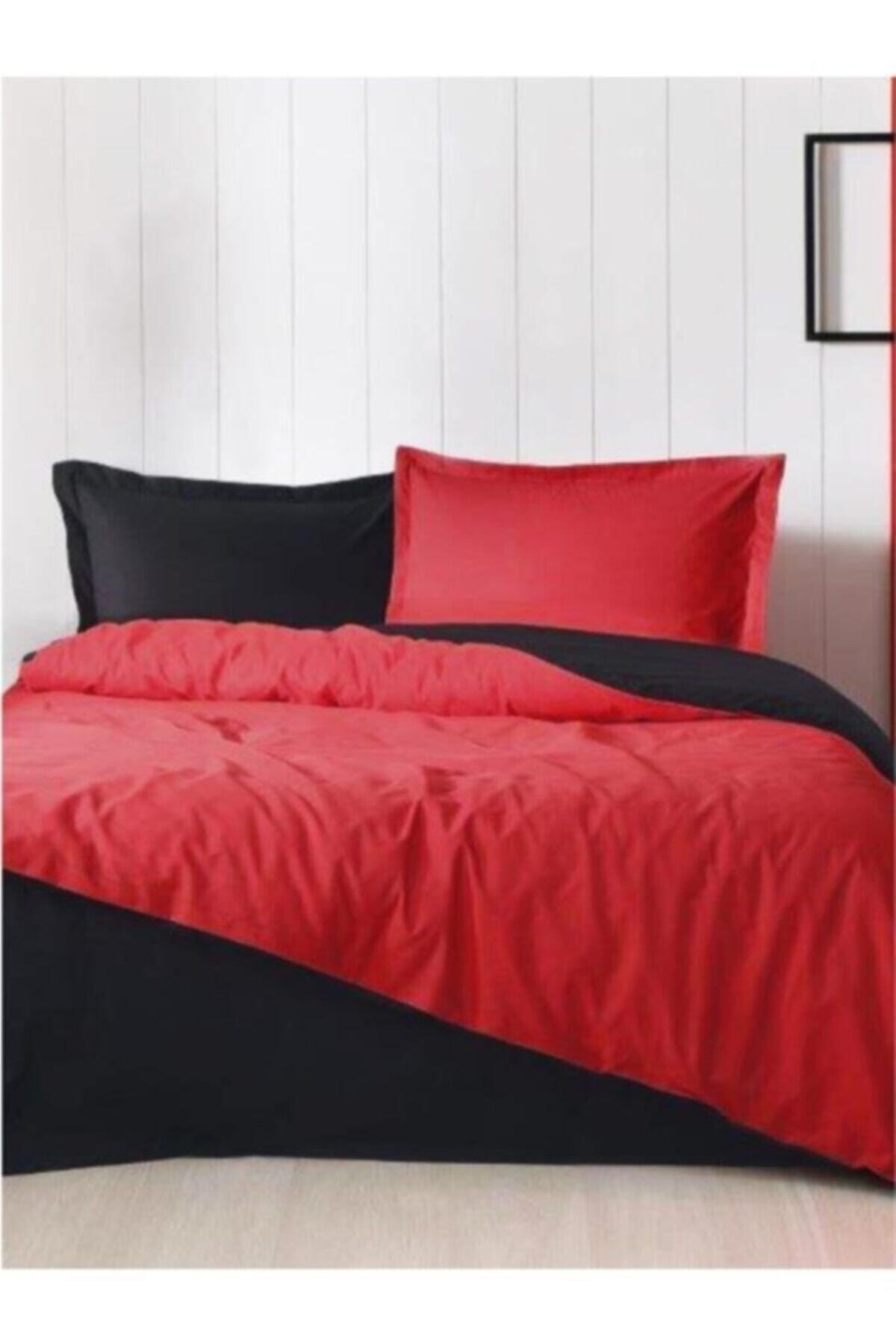 Colormix Kırmızı Siyah Desensiz Düz Nevresim Takımı Çift Kişilik