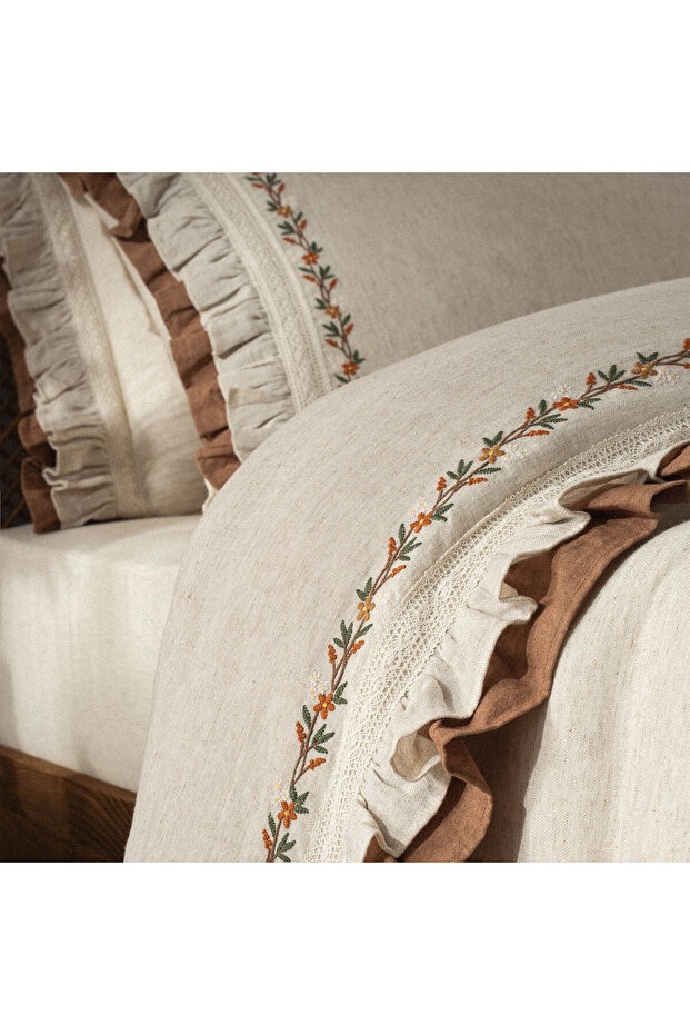 Maide Çift Kişilik Nevresim Takımı %100 Organik Pamuk Kenevir Karışımlı Nakışlı Bej 200x220 Cm