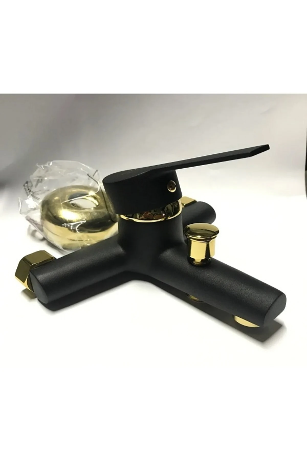Duş Seti 3'lü Lüx Gold Detaylı Kaplama Siyah Köşe Borulu Banyo Bataryası Çeşmesi Musluğu