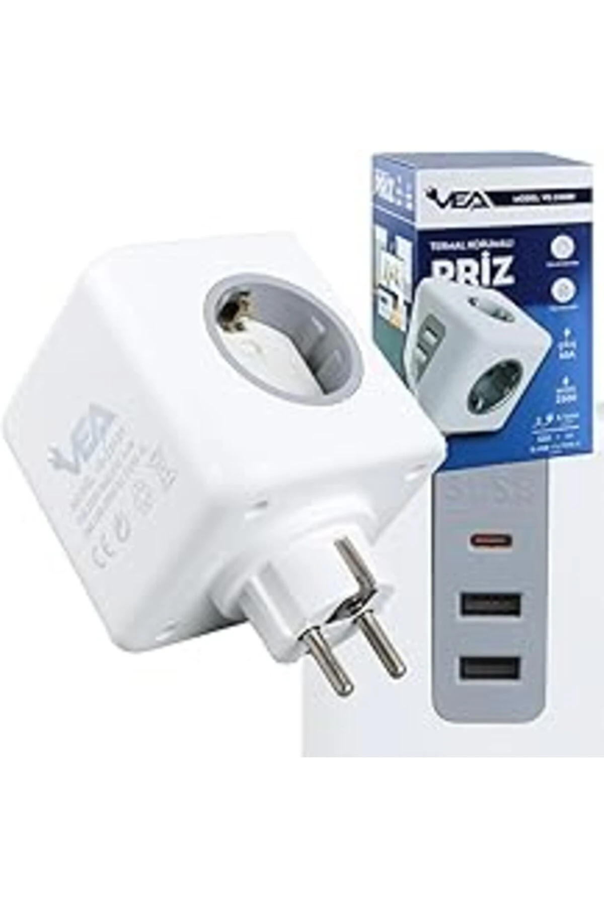 Vea Akıllı 3’Lü Priz, 2 Usb + 1 Type-C Hızlı Şarj Girişli, 2500W 10A Güç Kapasiteli, Termal Ve Çocuk